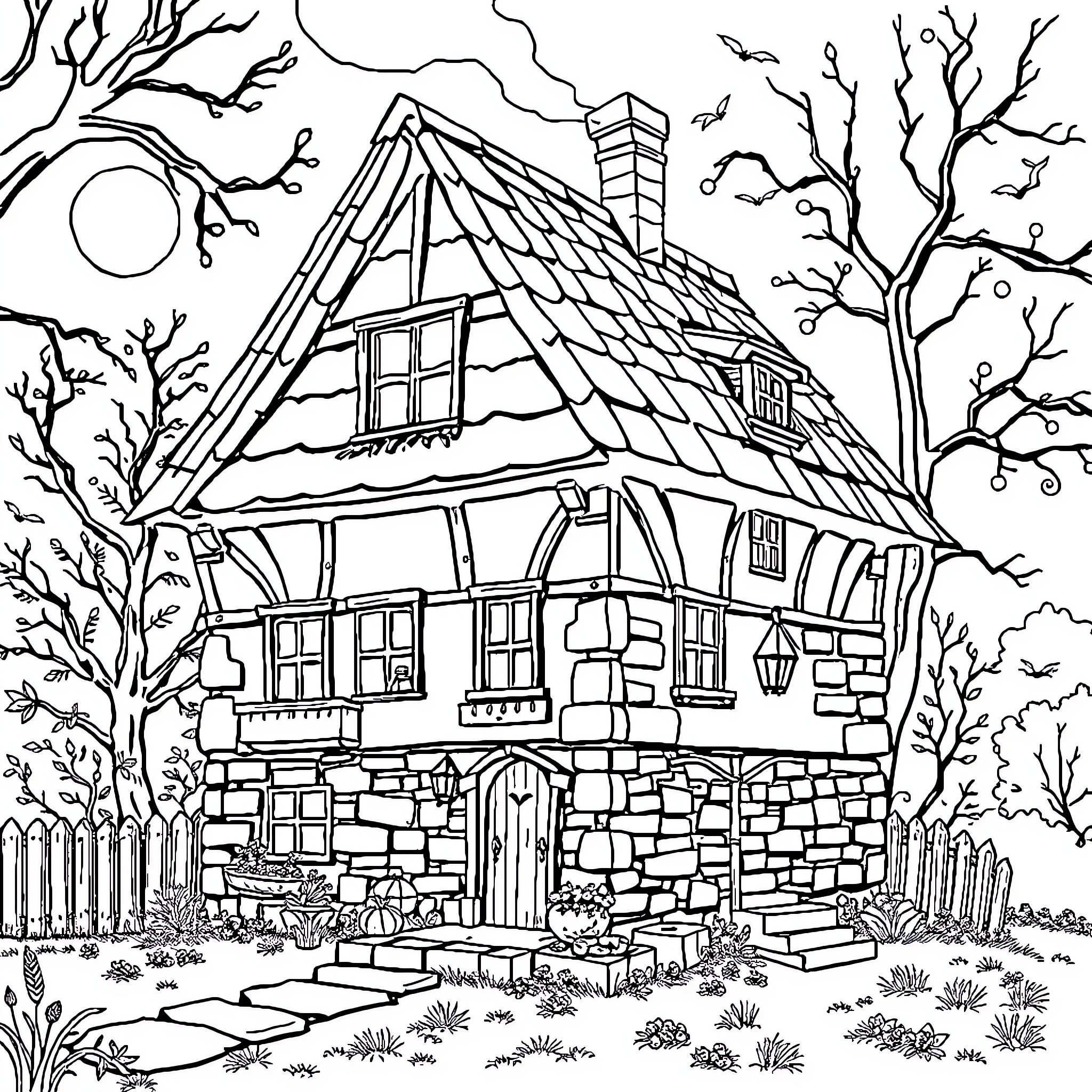 Haunted House by the Eerie Forest Coloring Page (free black-and-white line drawing printable PDF for all, from beginners to advanced learners, including children, teens, adults, and seniors)