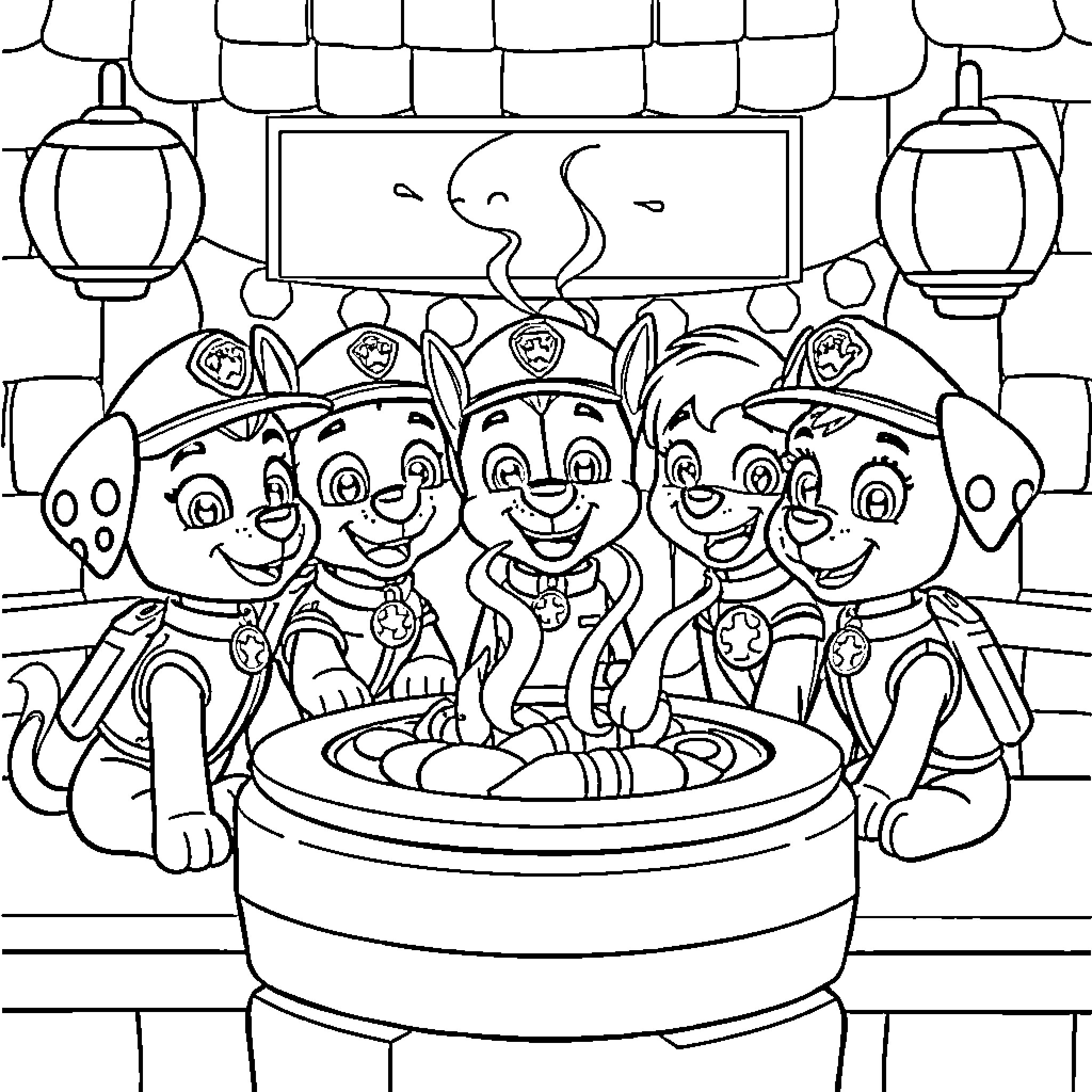 Paw Patrol characters in an animated scene Coloring Page (free black-and-white line drawing printable PDF for all, from beginners to advanced learners, including children, teens, adults, and seniors)