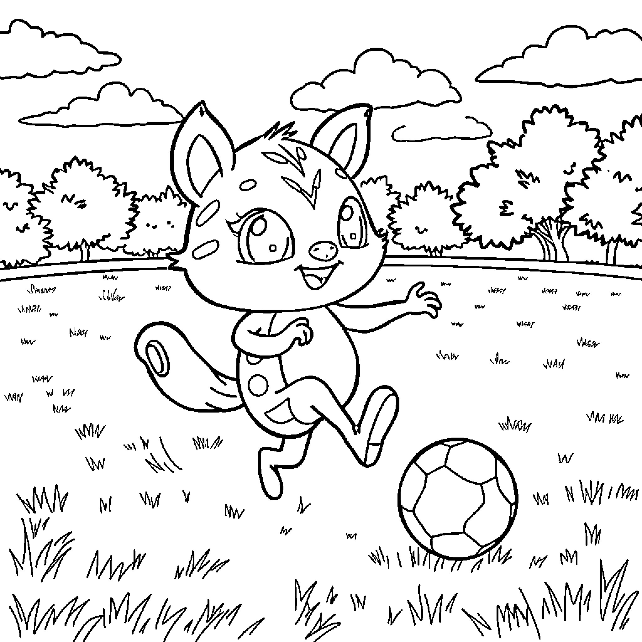 Labubu playing joyfully with a soccer ball in a lush outdoor setting Coloring Page (free black-and-white line drawing printable PDF for all, from beginners to advanced learners, including children, teens, adults, and seniors)
