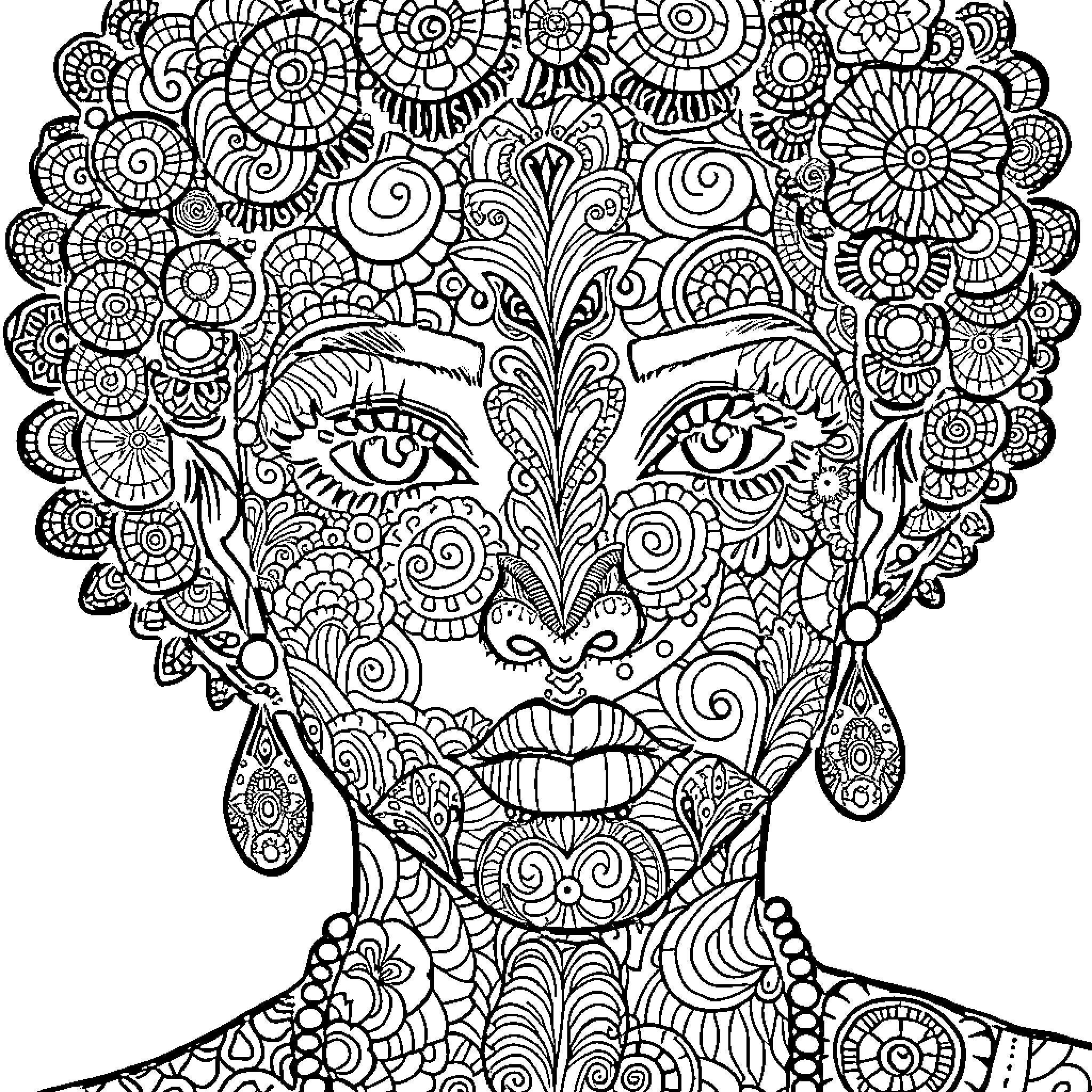 Zentangle Portrait of a Whimsical Woman Coloring Page (free black-and-white line drawing printable PDF for all, from beginners to advanced learners, including children, teens, adults, and seniors)