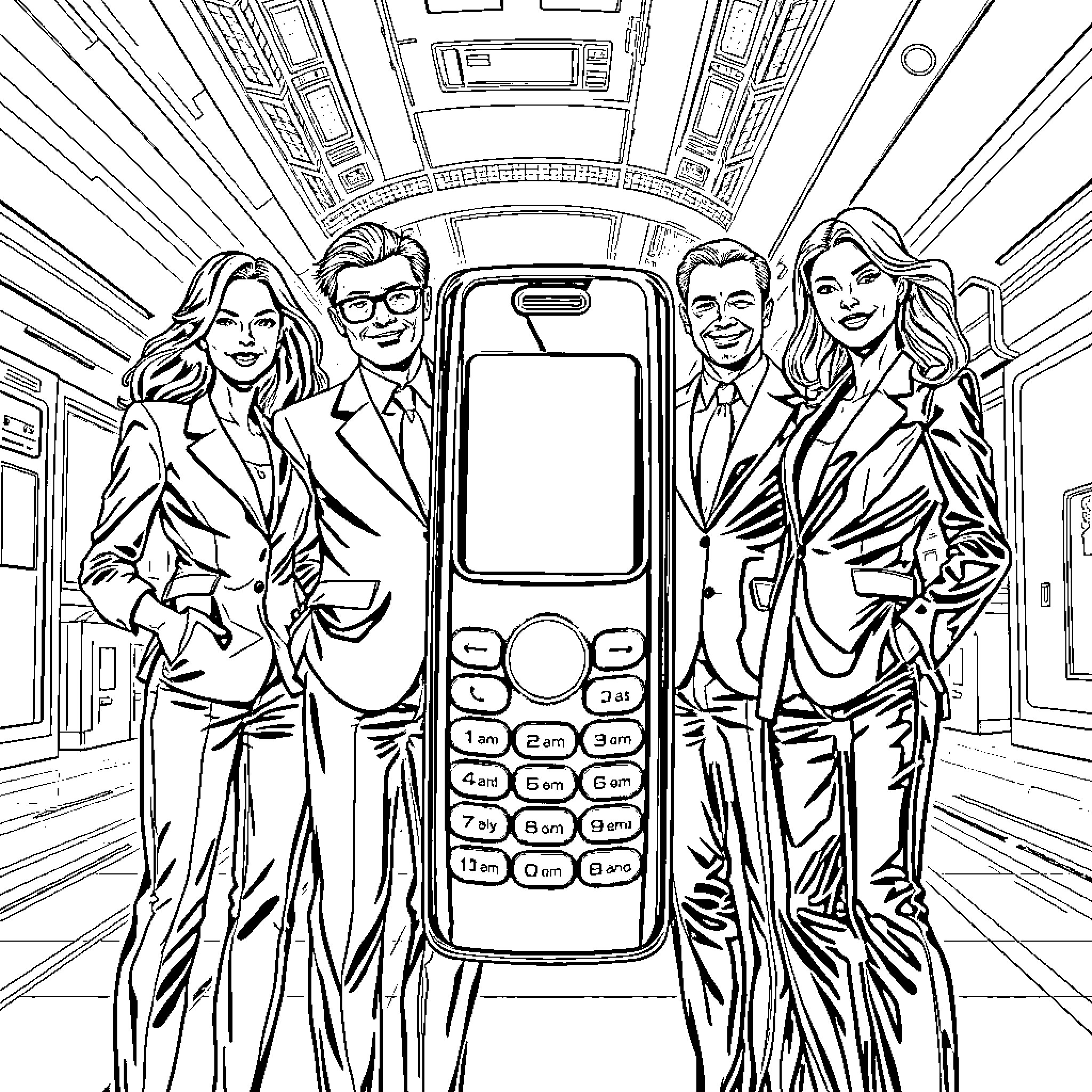 Phone Chic: Business Professionals in Formal Wear Coloring Page (free black-and-white line drawing printable PDF for all, from beginners to advanced learners, including children, teens, adults, and seniors)