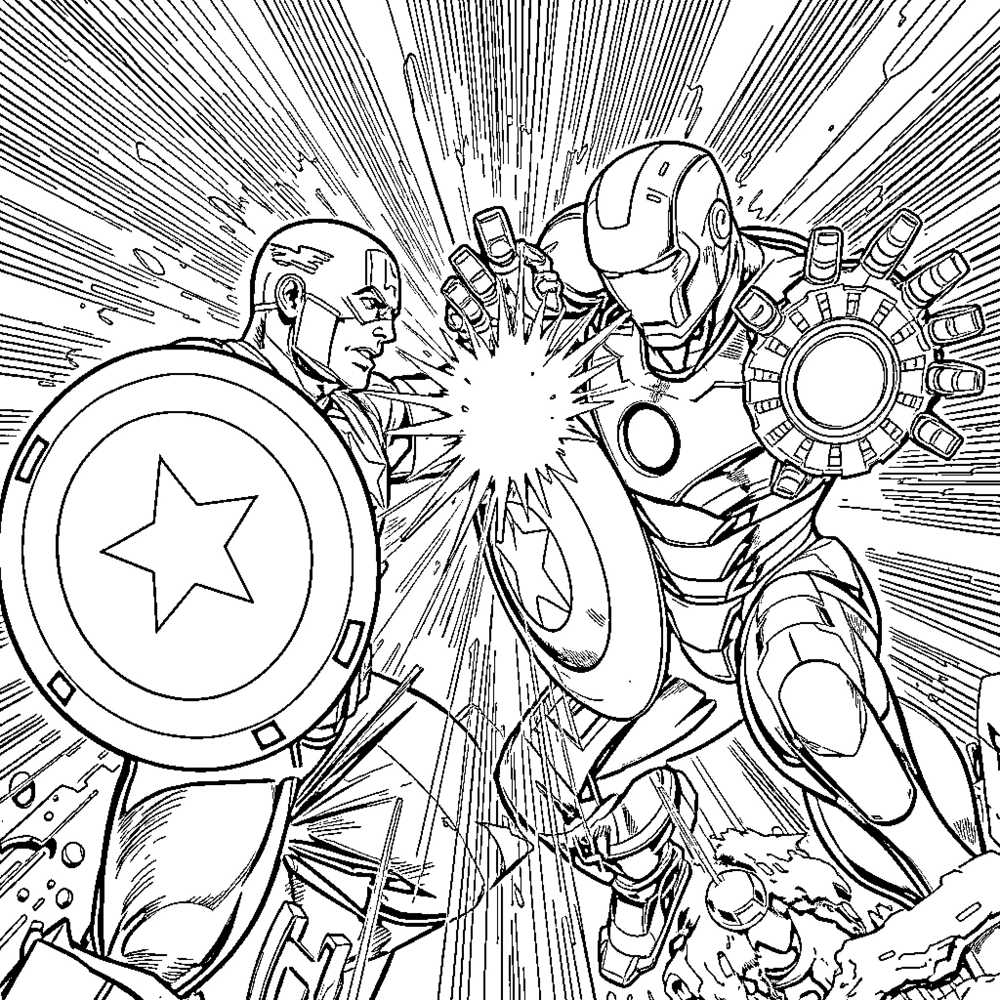 Captain America and Iron Man Clash in Epic Battle Coloring Page (free black-and-white line drawing printable PDF for all, from beginners to advanced learners, including children, teens, adults, and seniors)