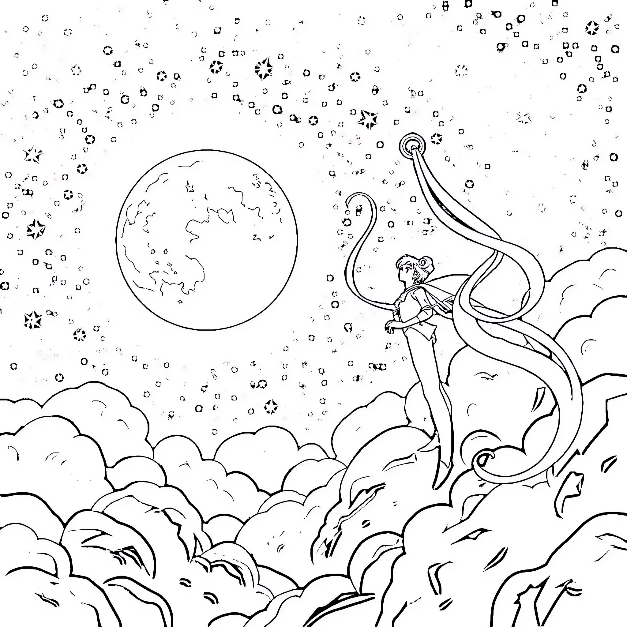 Sailor Moon exploring the cosmic landscape Coloring Page (free black-and-white line drawing printable PDF for all, from beginners to advanced learners, including children, teens, adults, and seniors)