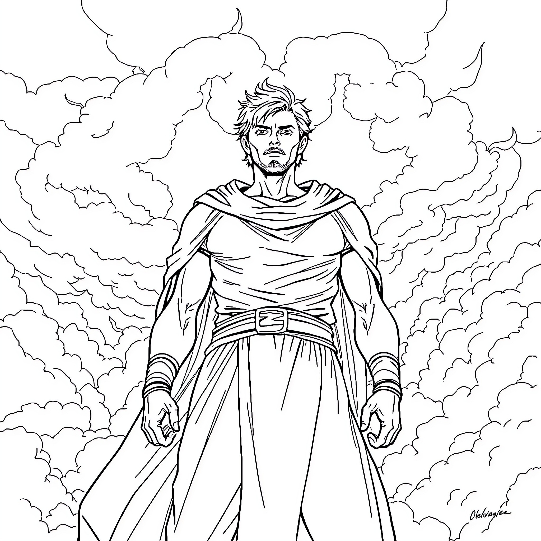 Eren Yeager in Heroic Pose amidst Cloudy Surroundings Coloring Page (free black-and-white line drawing printable PDF for all, from beginners to advanced learners, including children, teens, adults, and seniors)