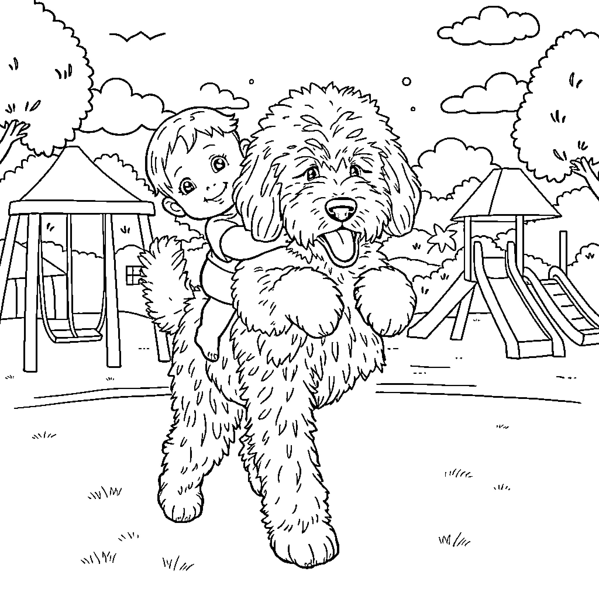Labradoodle playing happily with a child on the playground Coloring Page (free black-and-white line drawing printable PDF for all, from beginners to advanced learners, including children, teens, adults, and seniors)