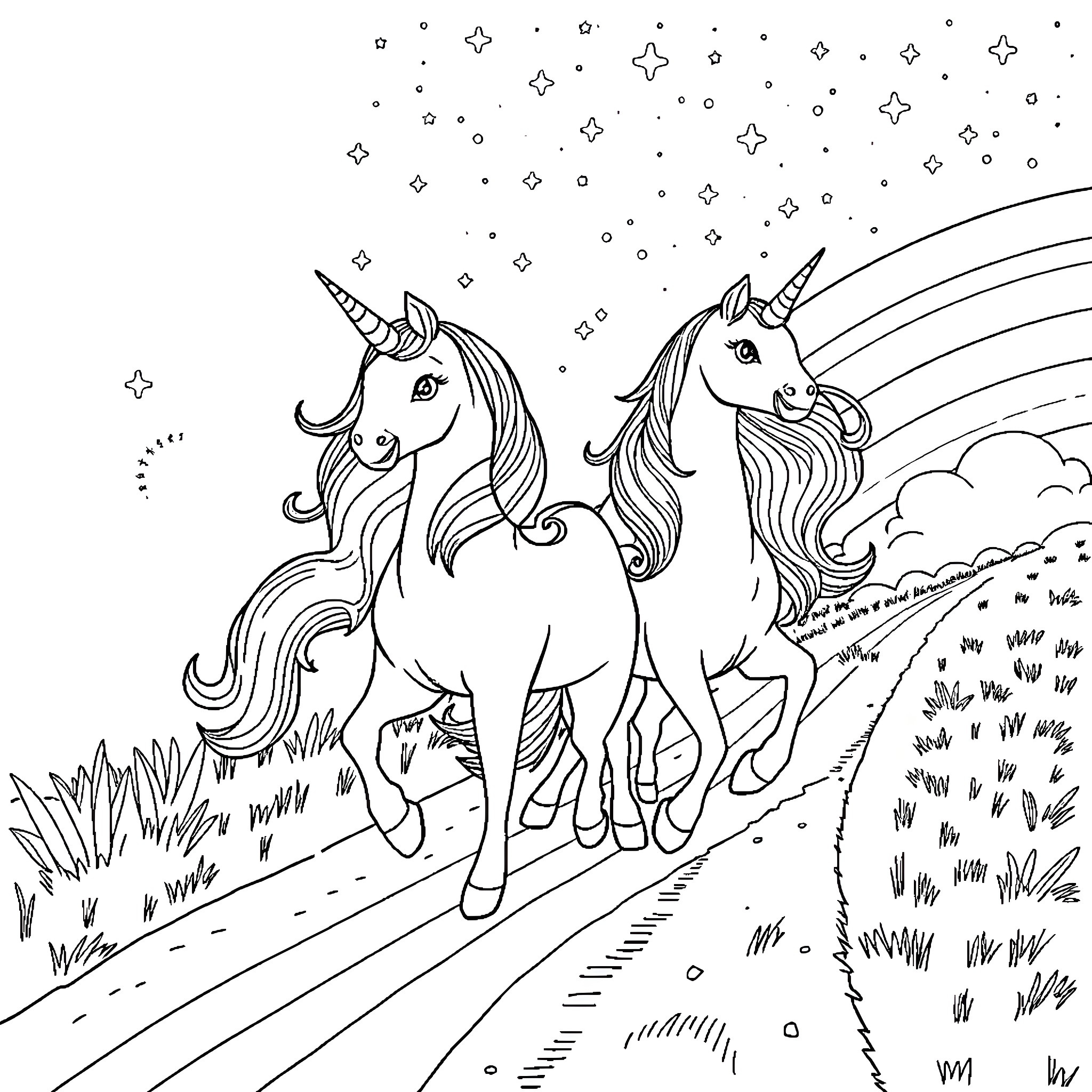 Unicorn Pair Frolicking in Starry Night Coloring Page (free black-and-white line drawing printable PDF for all, from beginners to advanced learners, including children, teens, adults, and seniors)