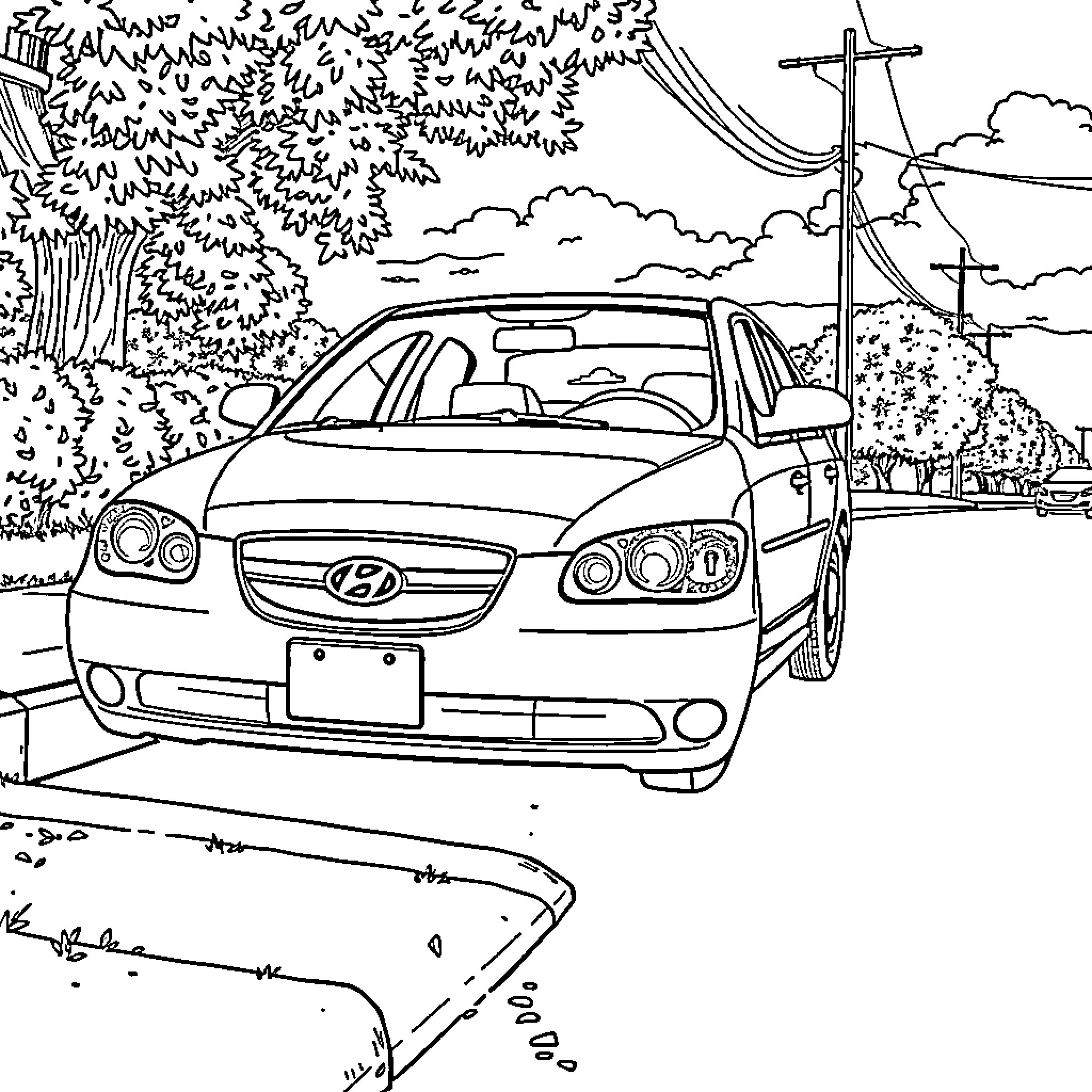 Hyundai Elantra on a scenic road Coloring Page (free black-and-white line drawing printable PDF for all, from beginners to advanced learners, including children, teens, adults, and seniors)