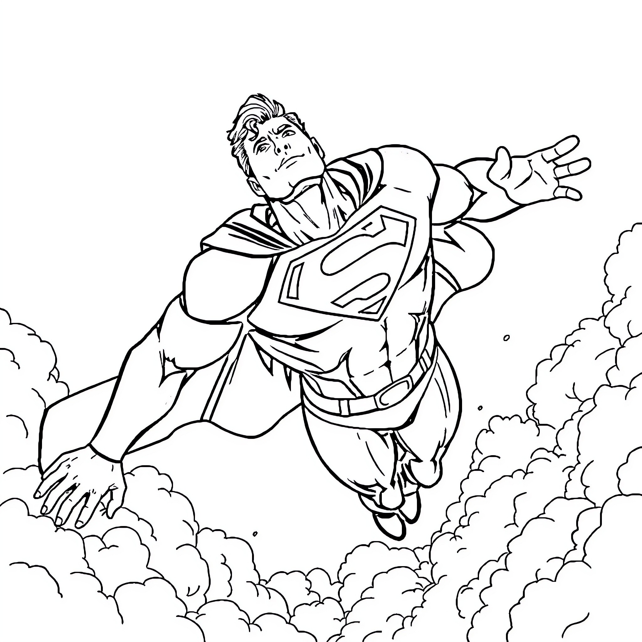 Superman soaring through the clouds with determination Coloring Page (free black-and-white line drawing printable PDF for all, from beginners to advanced learners, including children, teens, adults, and seniors)