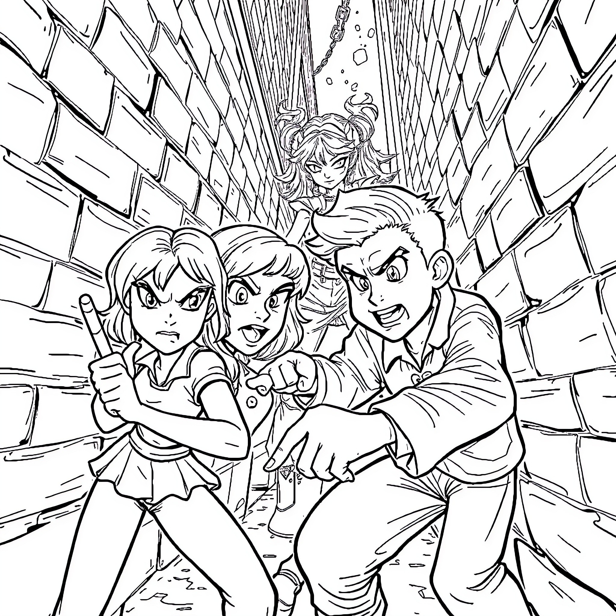 Karda: Heroic Trio Facing Peril Coloring Page (free black-and-white line drawing printable PDF for all, from beginners to advanced learners, including children, teens, adults, and seniors)
