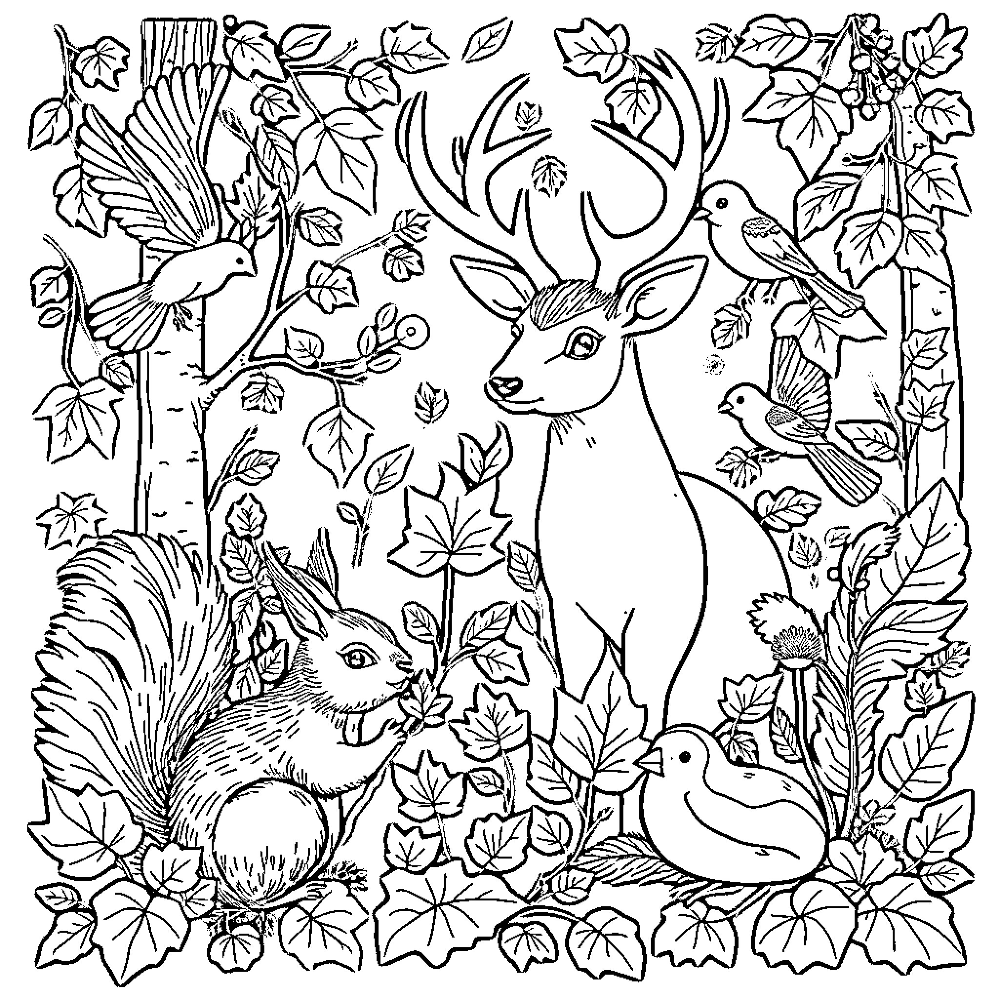 Animal Friends in Autumn Nature Coloring Page (free black-and-white line drawing printable PDF for all, from beginners to advanced learners, including children, teens, adults, and seniors)