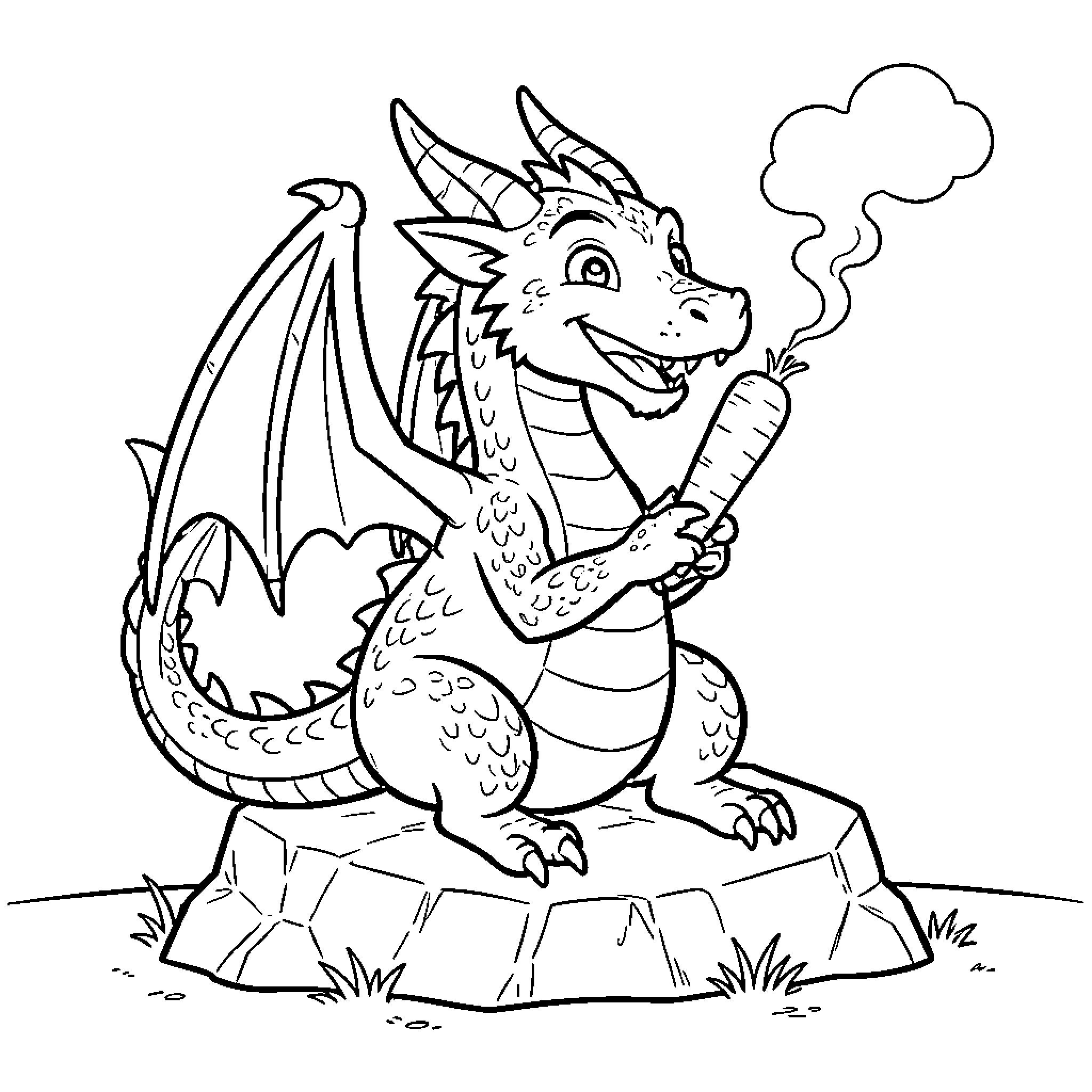 Dragon sitting on a rock eating a carrot Coloring Page (free black-and-white line drawing printable PDF for all, from beginners to advanced learners, including children, teens, adults, and seniors)