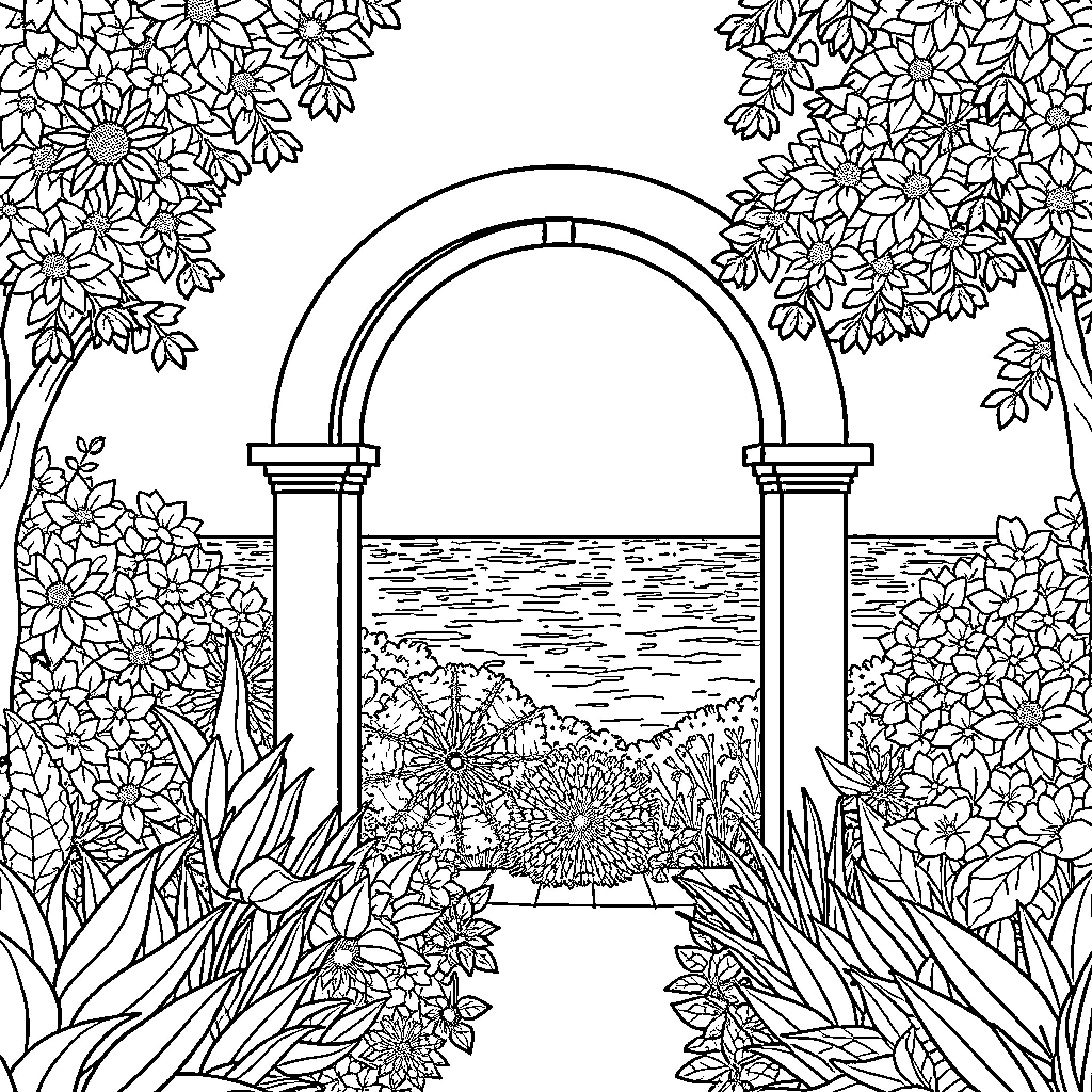 Rainbow Arch in Lush Floral Garden Coloring Page (free black-and-white line drawing printable PDF for all, from beginners to advanced learners, including children, teens, adults, and seniors)