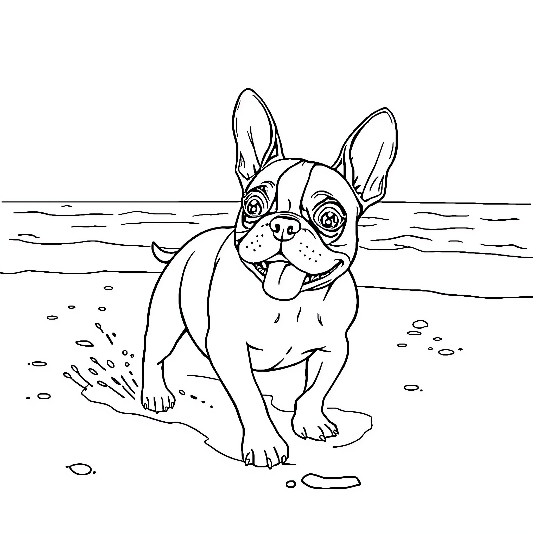 Boston Terrier enjoying the beach Coloring Page (free black-and-white line drawing printable PDF for all, from beginners to advanced learners, including children, teens, adults, and seniors)