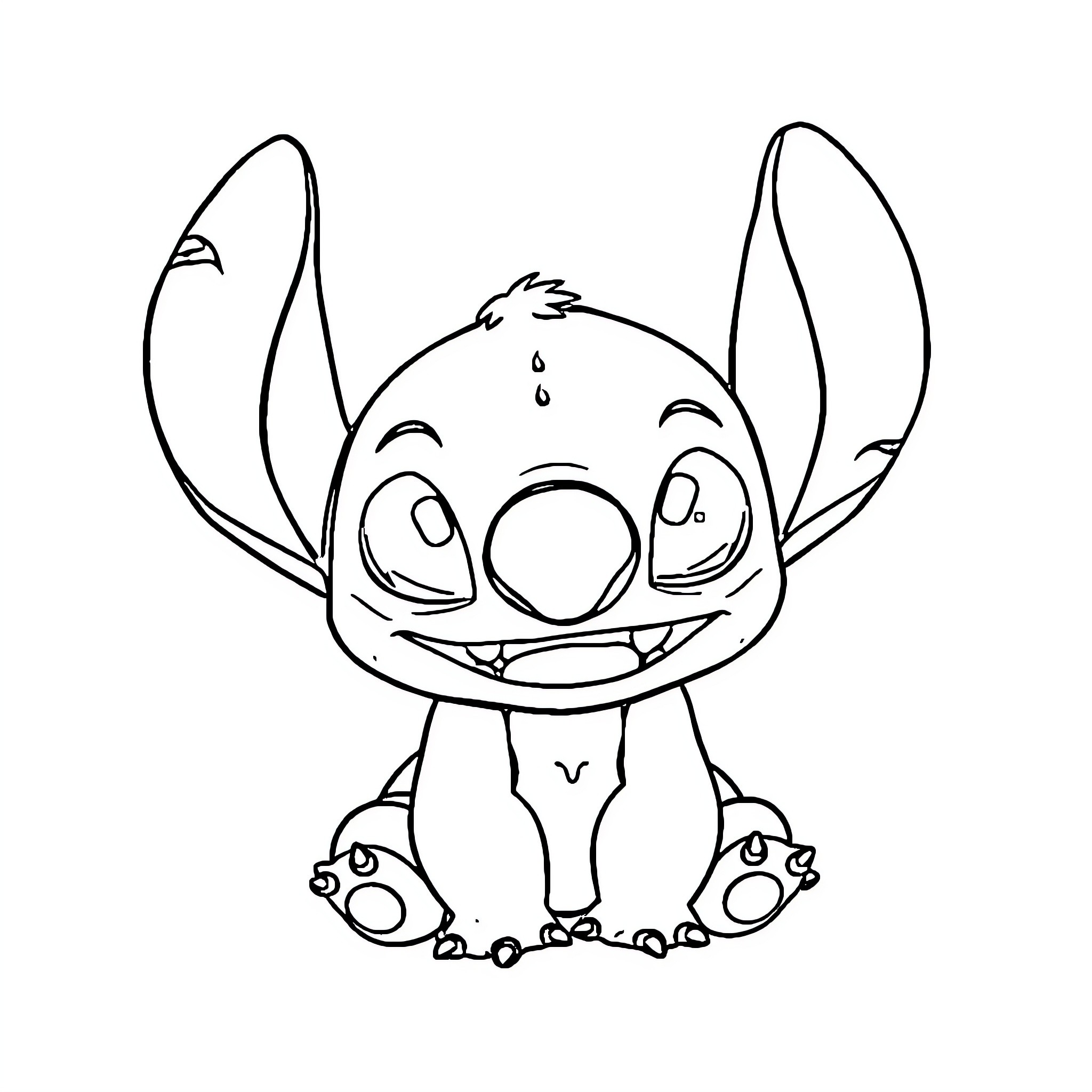 Stitch sitting happily and expressing Coloring Page (free black-and-white line drawing printable PDF for all, from beginners to advanced learners, including children, teens, adults, and seniors)