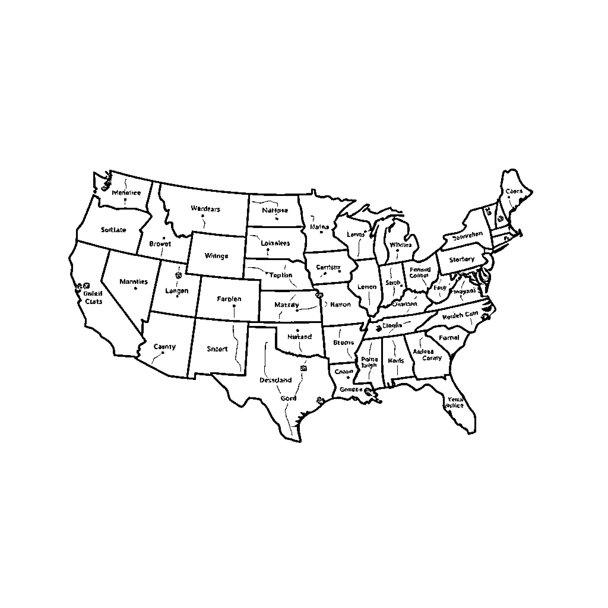 Map of the United States with state names Coloring Page (free black-and-white line drawing printable PDF for all, from beginners to advanced learners, including children, teens, adults, and seniors)