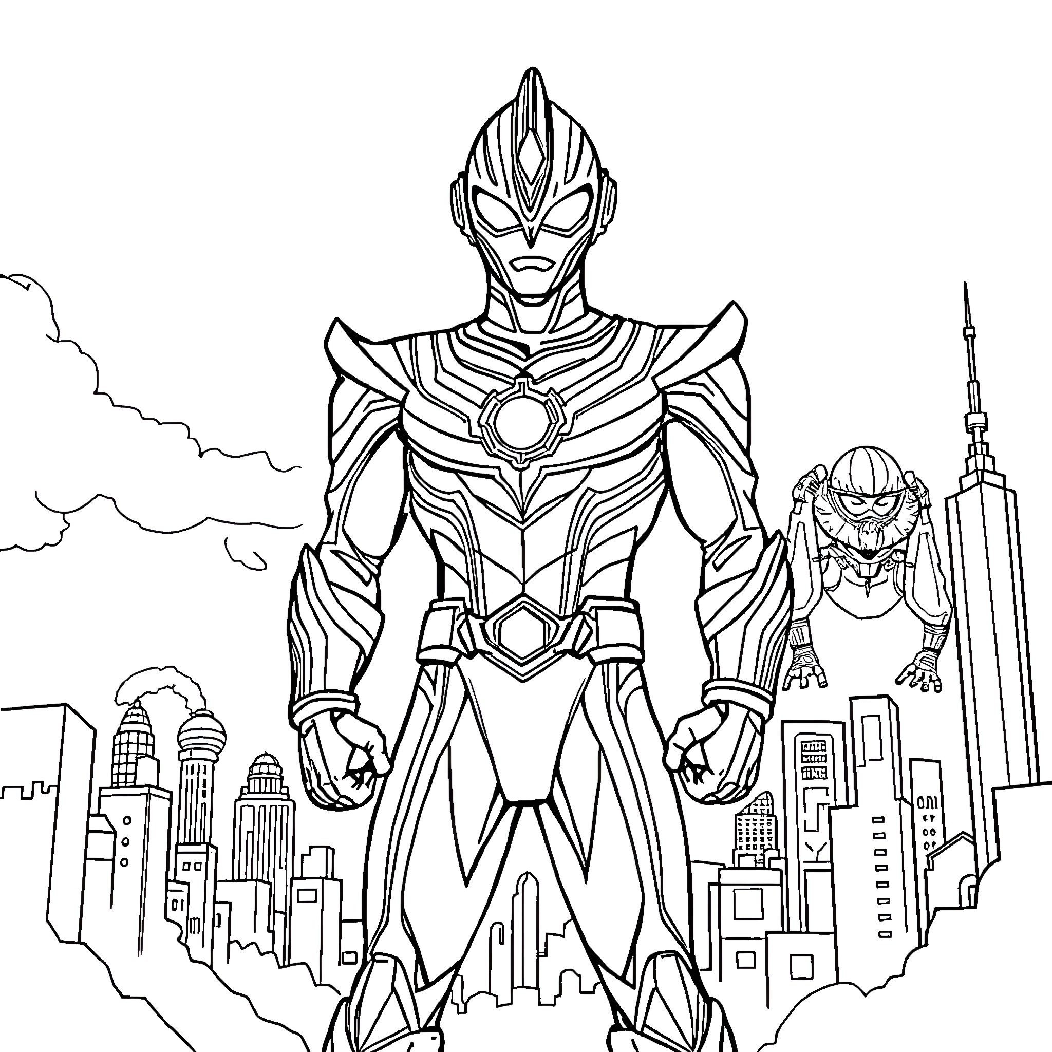 Ultraman Defender Stands Tall in the City Coloring Page (free black-and-white line drawing printable PDF for all, from beginners to advanced learners, including children, teens, adults, and seniors)