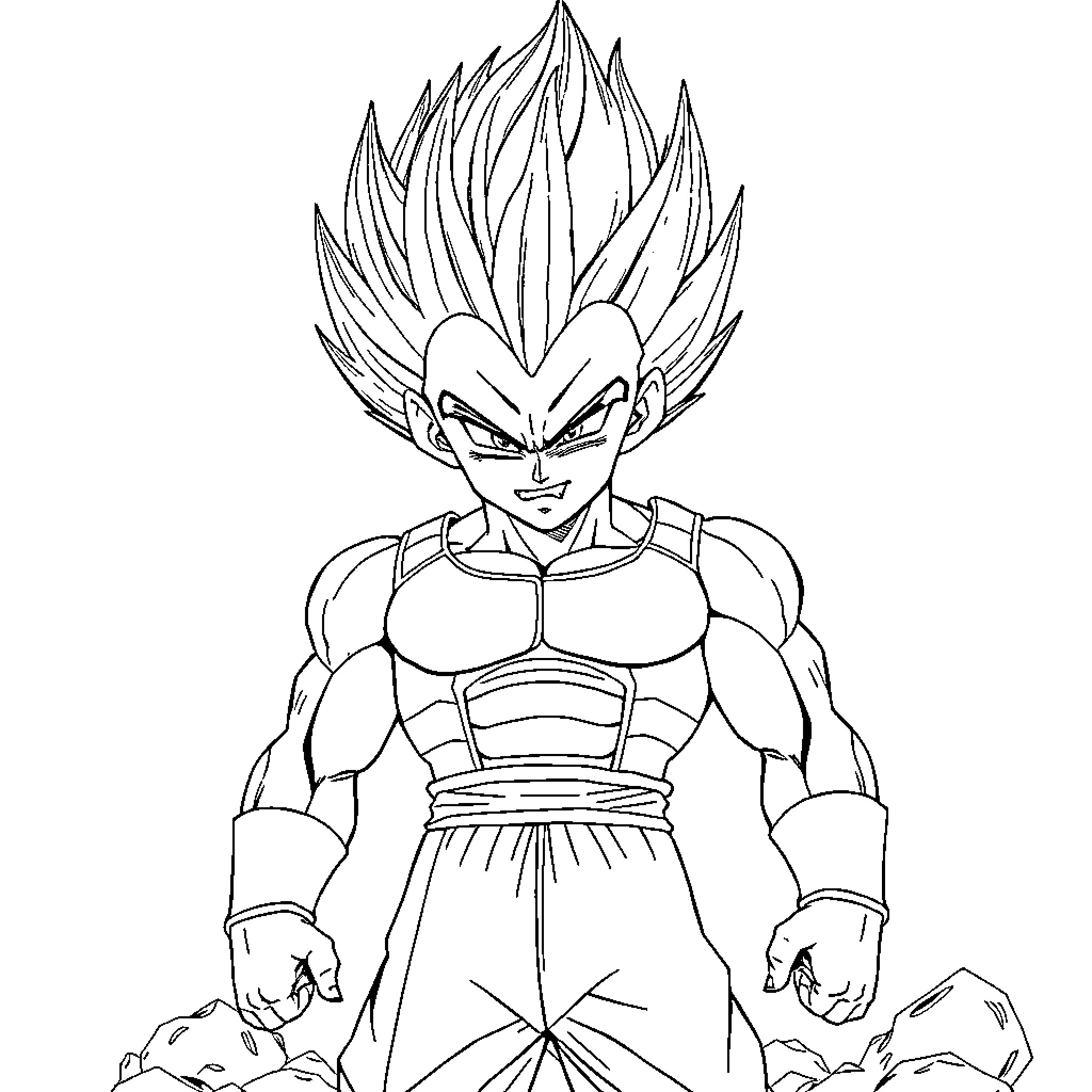 Vegeta's Powerful Transformation Coloring Page (free black-and-white line drawing printable PDF for all, from beginners to advanced learners, including children, teens, adults, and seniors)