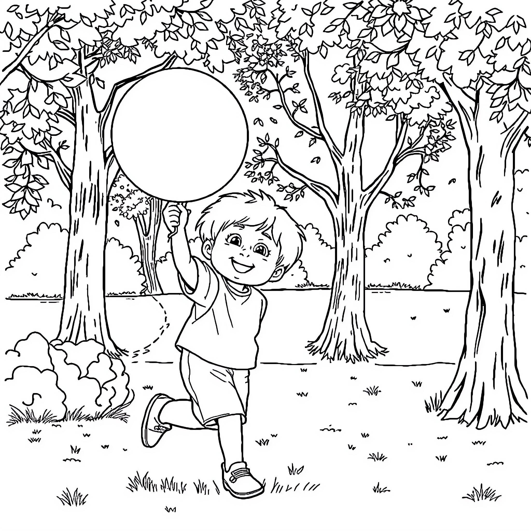 Child playing happily in the forest Coloring Page (free black-and-white line drawing printable PDF for all, from beginners to advanced learners, including children, teens, adults, and seniors)