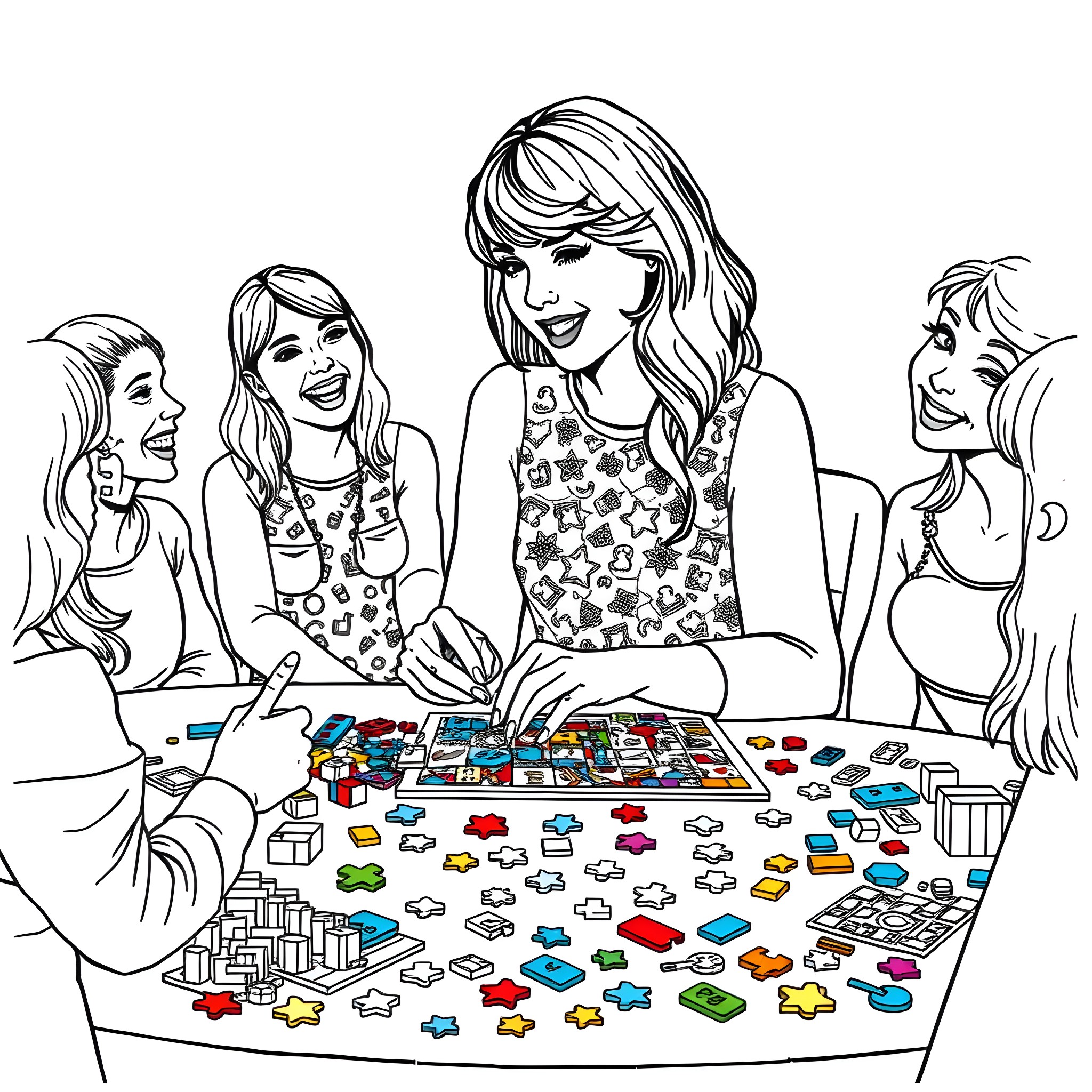 Taylor Swift and friends playing with colorful toys Coloring Page (free black-and-white line drawing printable PDF for all, from beginners to advanced learners, including children, teens, adults, and seniors)