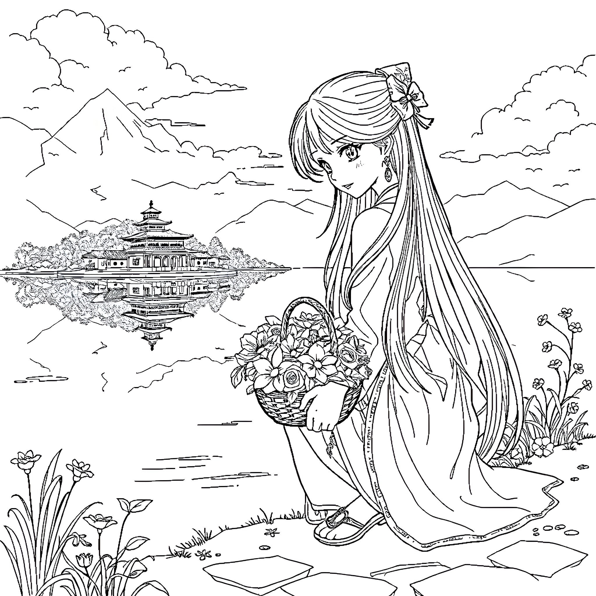 Woman carrying a basket of flowers with a temple in the background Coloring Page (free black-and-white line drawing printable PDF for all, from beginners to advanced learners, including children, teens, adults, and seniors)