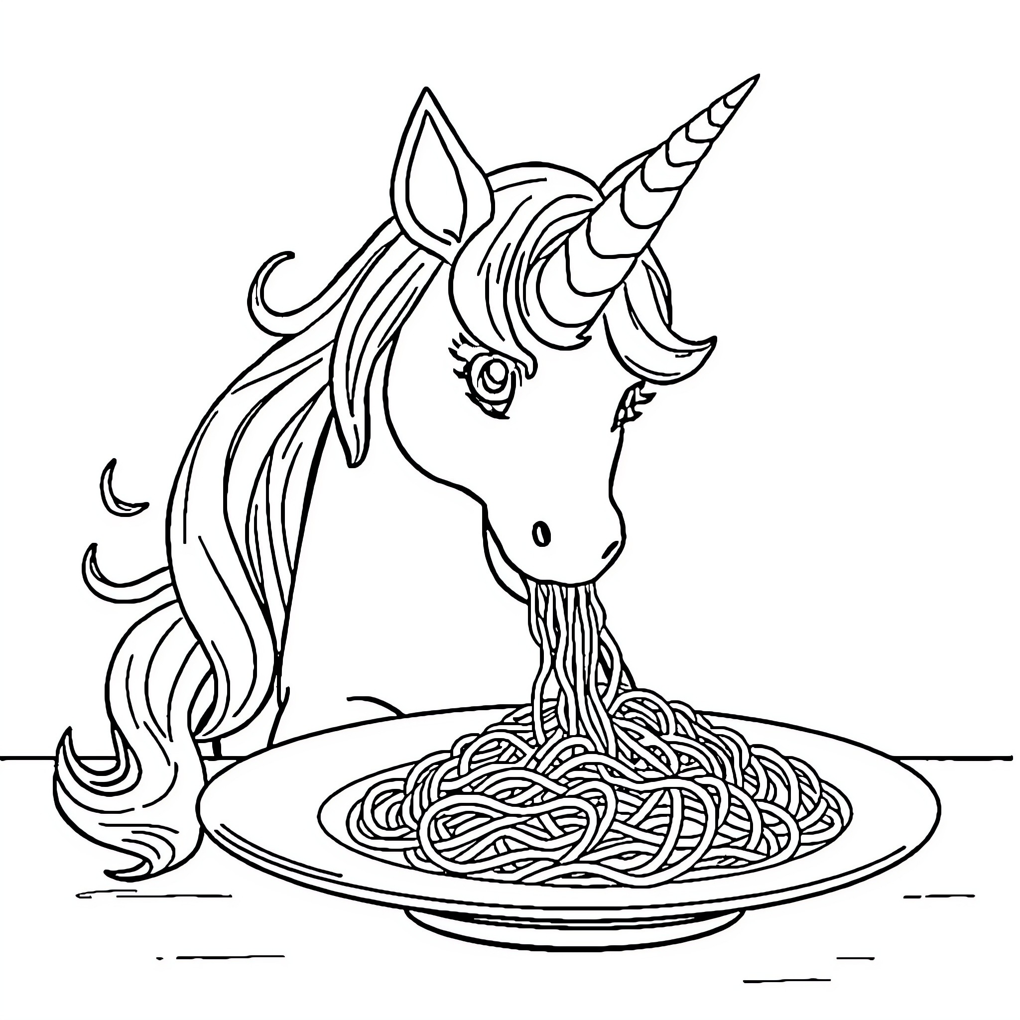 Unicorn Enjoying a Pasta Dish Coloring Page (free black-and-white line drawing printable PDF for all, from beginners to advanced learners, including children, teens, adults, and seniors)
