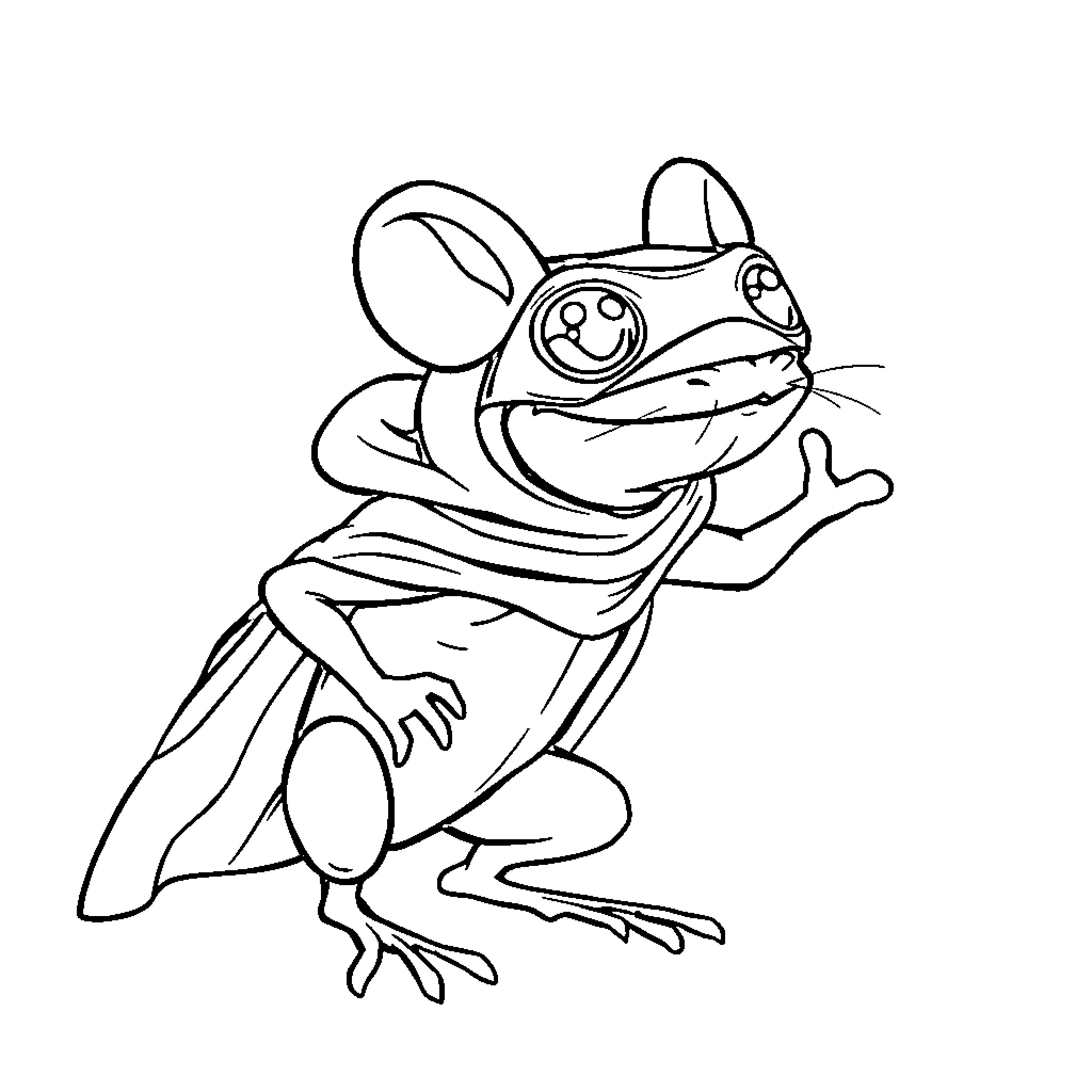 Frog wearing a superhero cape and mask Coloring Page (free black-and-white line drawing printable PDF for all, from beginners to advanced learners, including children, teens, adults, and seniors)