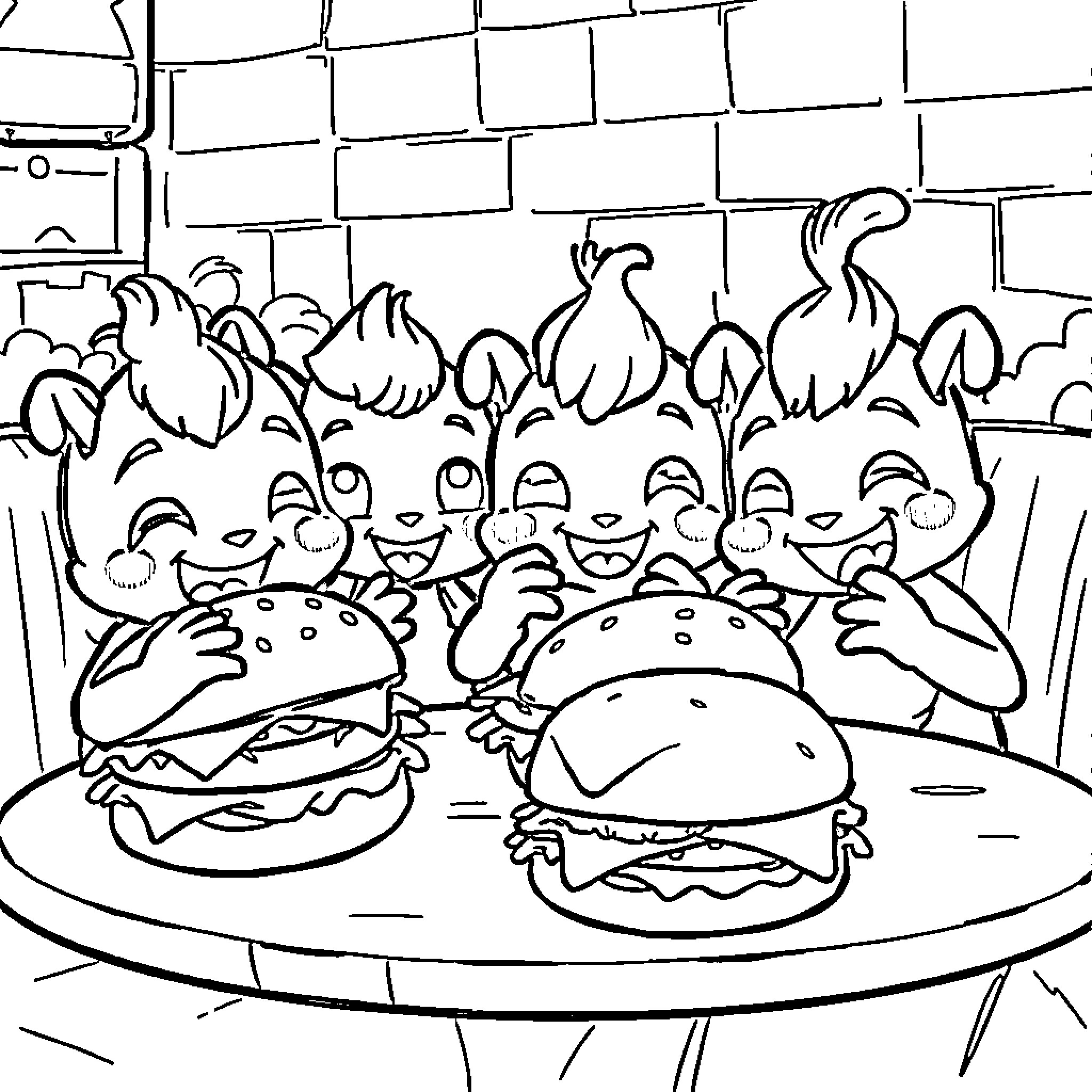 Sprunki Creatures Enjoying Burgers Together Coloring Page (free black-and-white line drawing printable PDF for all, from beginners to advanced learners, including children, teens, adults, and seniors)