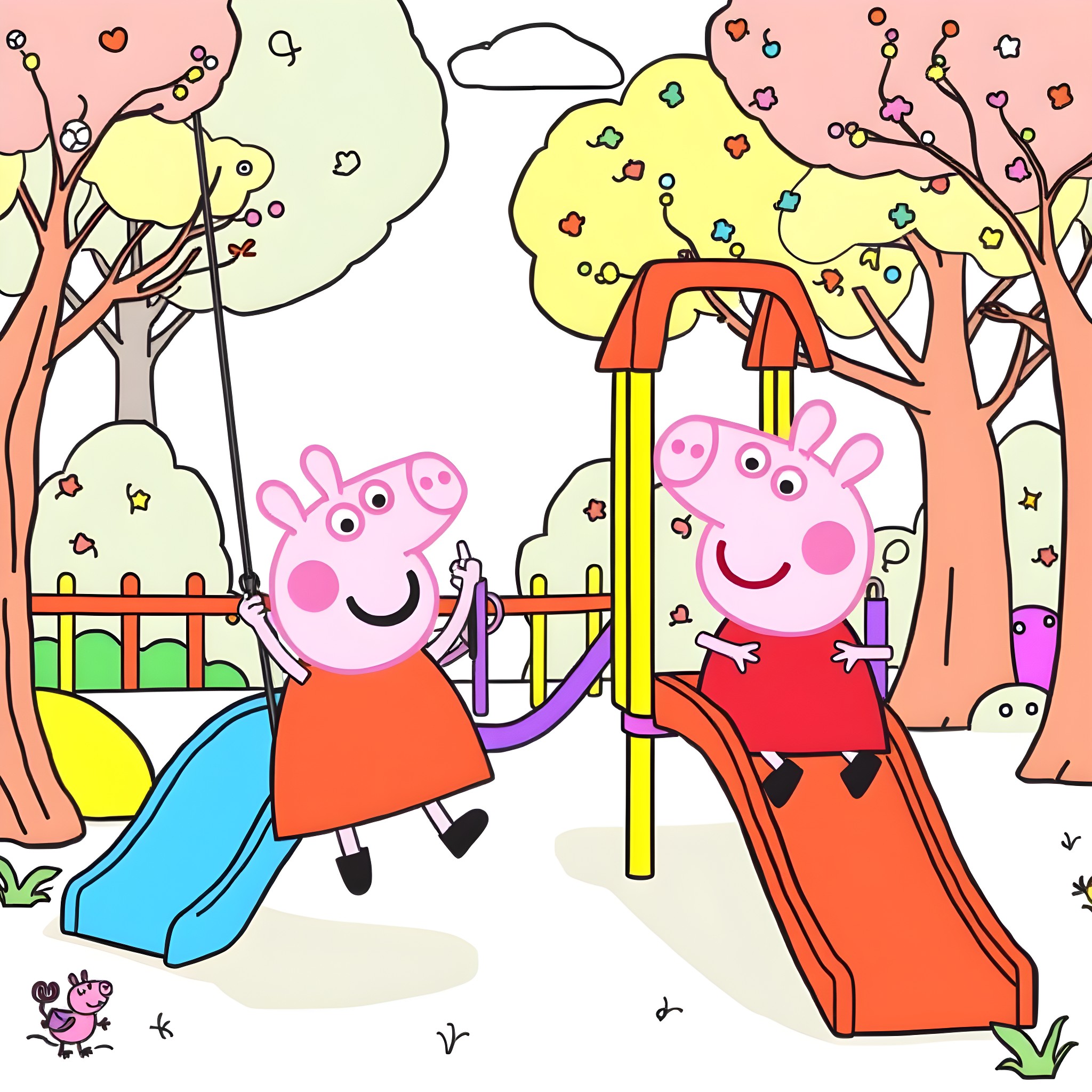 Douggie and Peppa's Playground Adventure Coloring Page (free black-and-white line drawing printable PDF for all, from beginners to advanced learners, including children, teens, adults, and seniors)