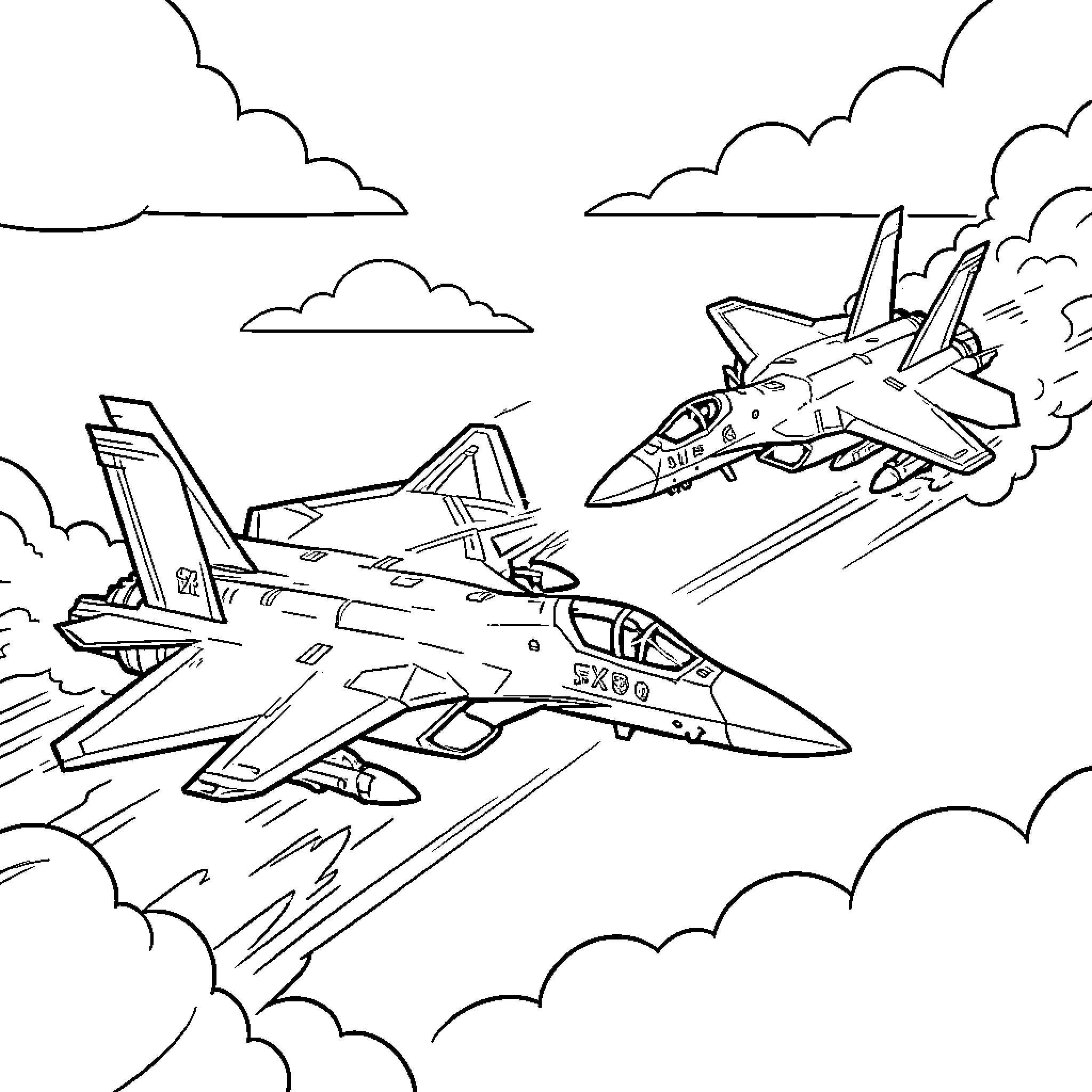Jet fighter planes flying through the clouds Coloring Page (free black-and-white line drawing printable PDF for all, from beginners to advanced learners, including children, teens, adults, and seniors)