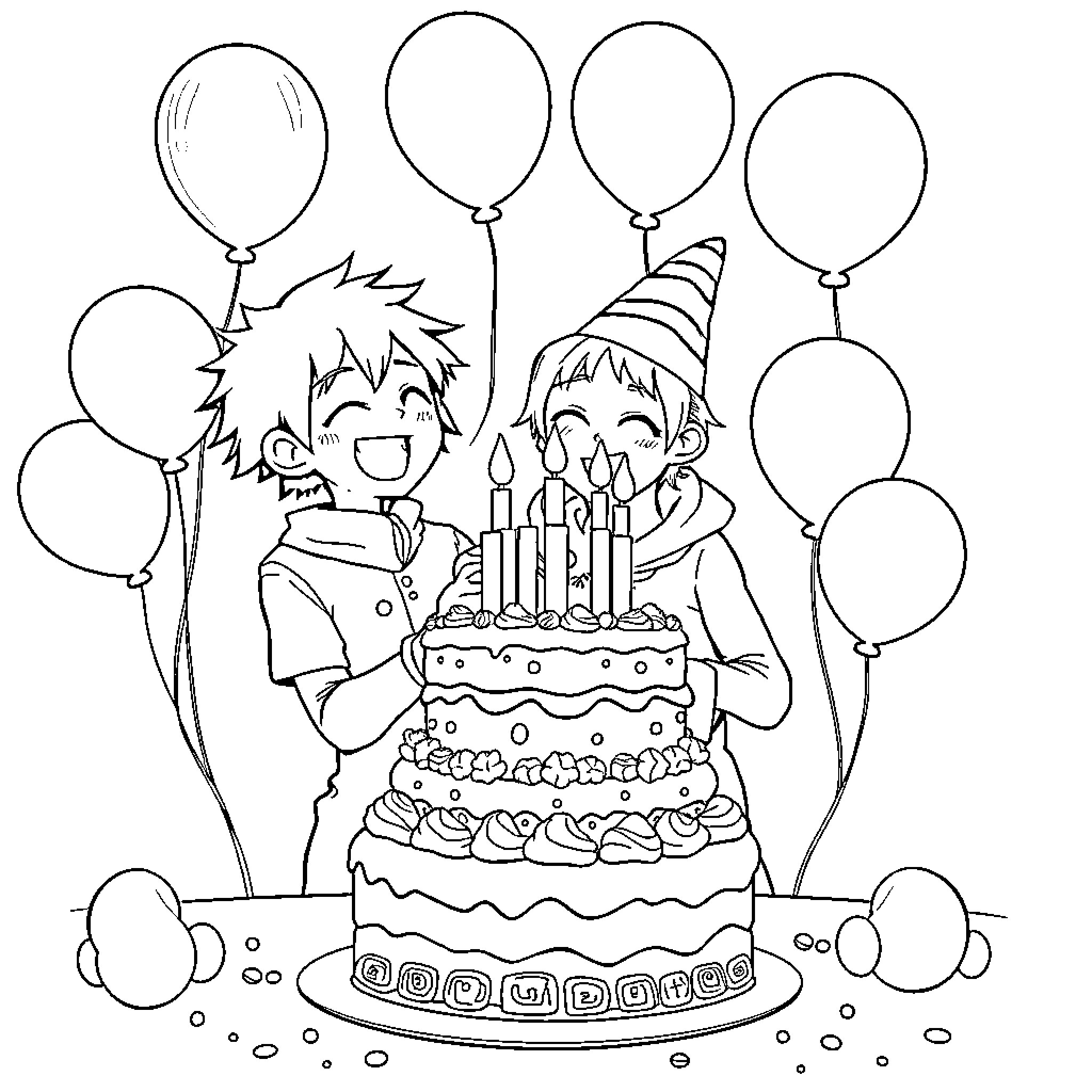 Kenma's Birthday Celebration with Friends Coloring Page (free black-and-white line drawing printable PDF for all, from beginners to advanced learners, including children, teens, adults, and seniors)