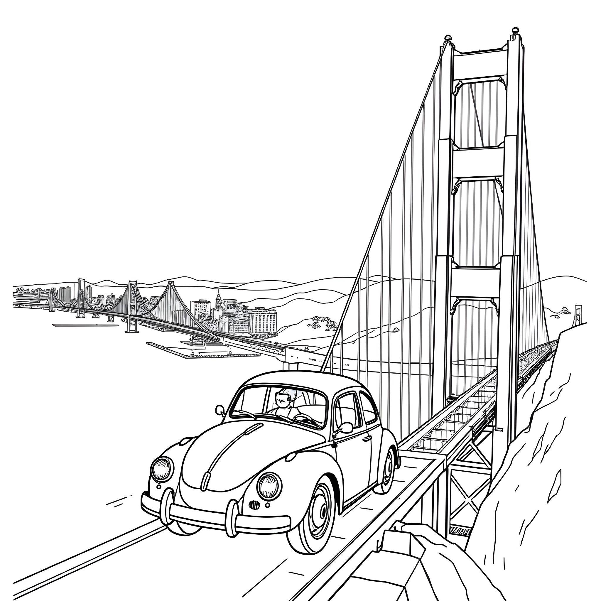 Herbie's Golden Gate Bridge Adventure Coloring Page (free black-and-white line drawing printable PDF for all, from beginners to advanced learners, including children, teens, adults, and seniors)