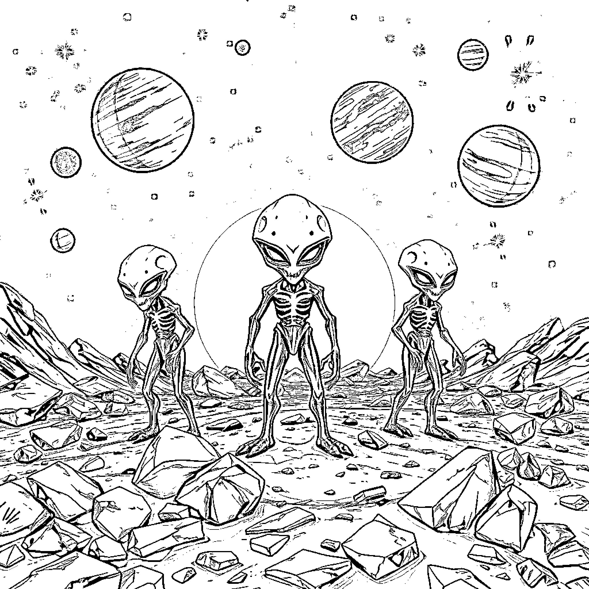 Alien beings exploring mysterious alien world Coloring Page (free black-and-white line drawing printable PDF for all, from beginners to advanced learners, including children, teens, adults, and seniors)