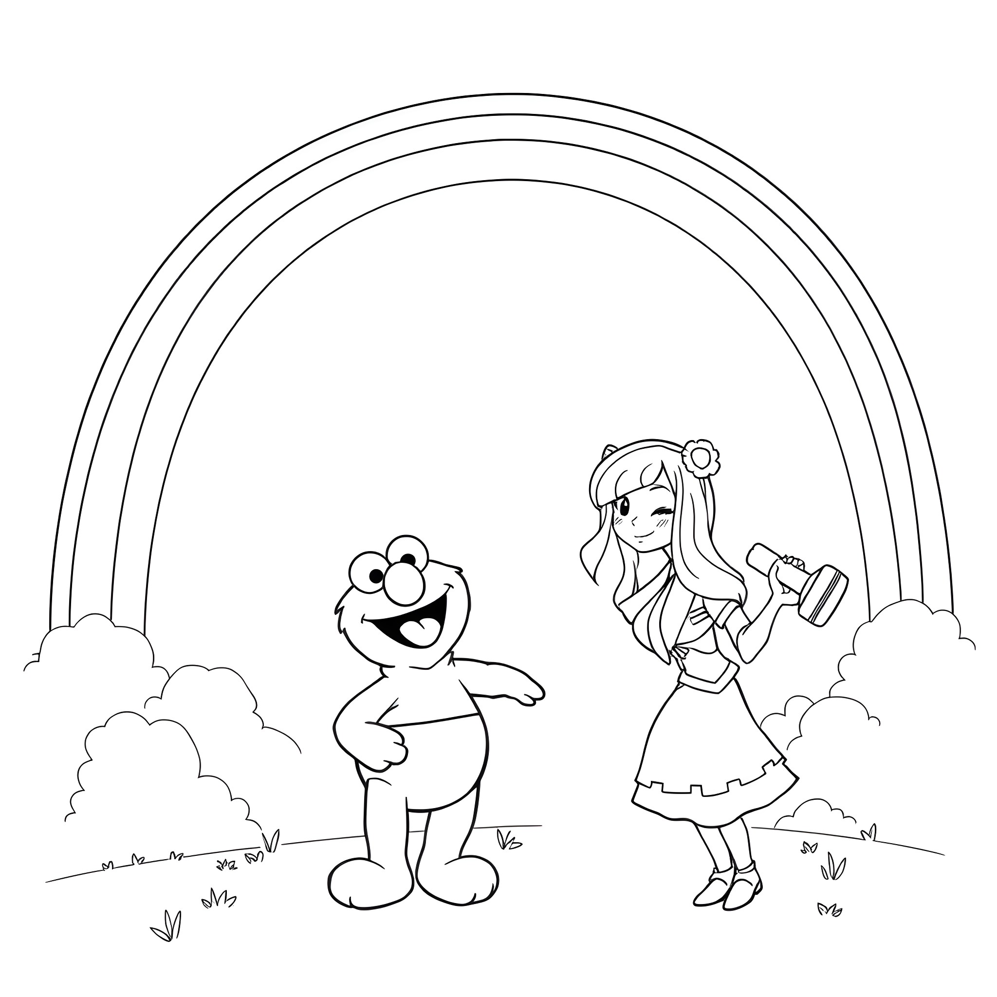 Elmo and Joyful Girl Under Rainbows Coloring Page (free black-and-white line drawing printable PDF for all, from beginners to advanced learners, including children, teens, adults, and seniors)