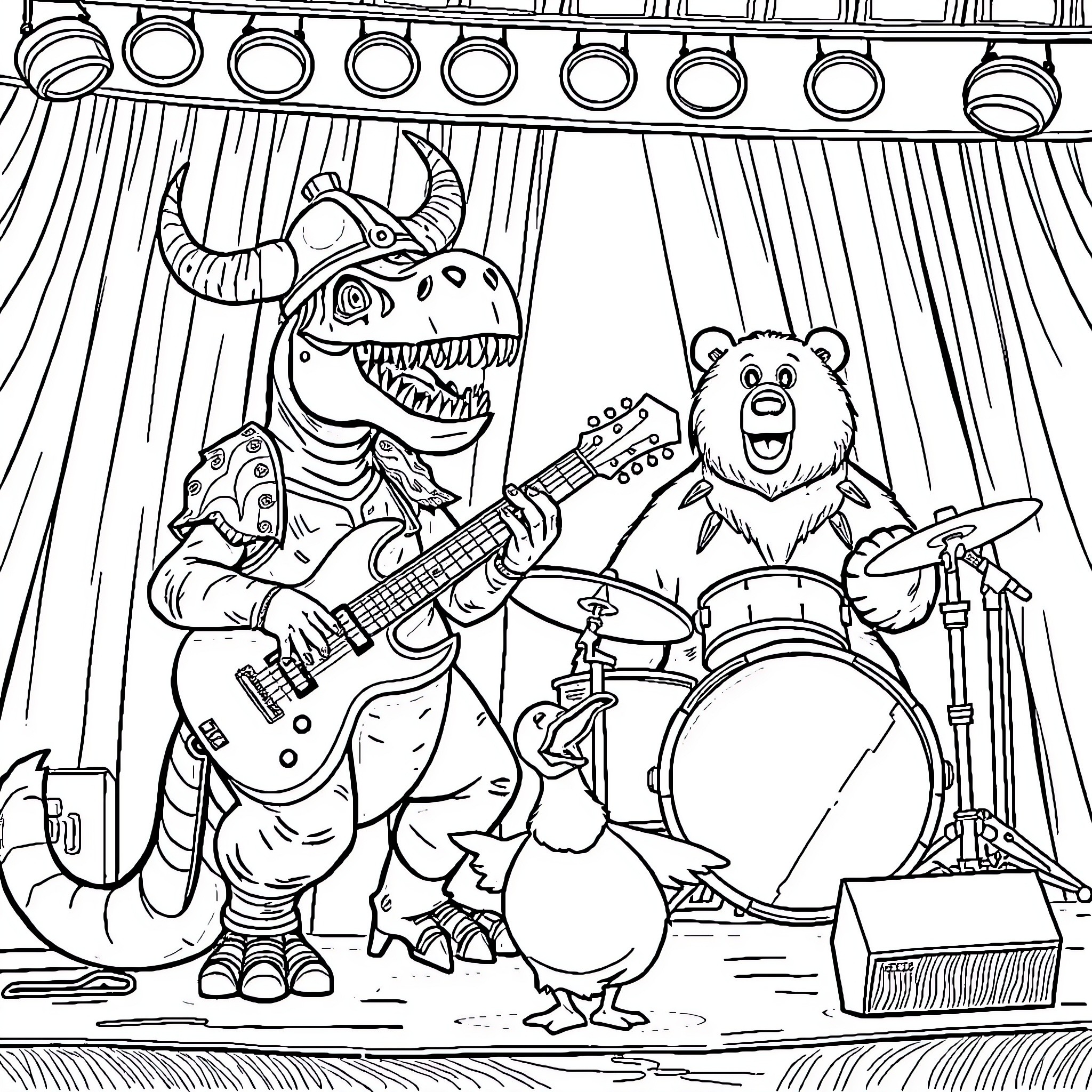 T-Rex and Bear Performing on Stage Coloring Page (free black-and-white line drawing printable PDF for all, from beginners to advanced learners, including children, teens, adults, and seniors)