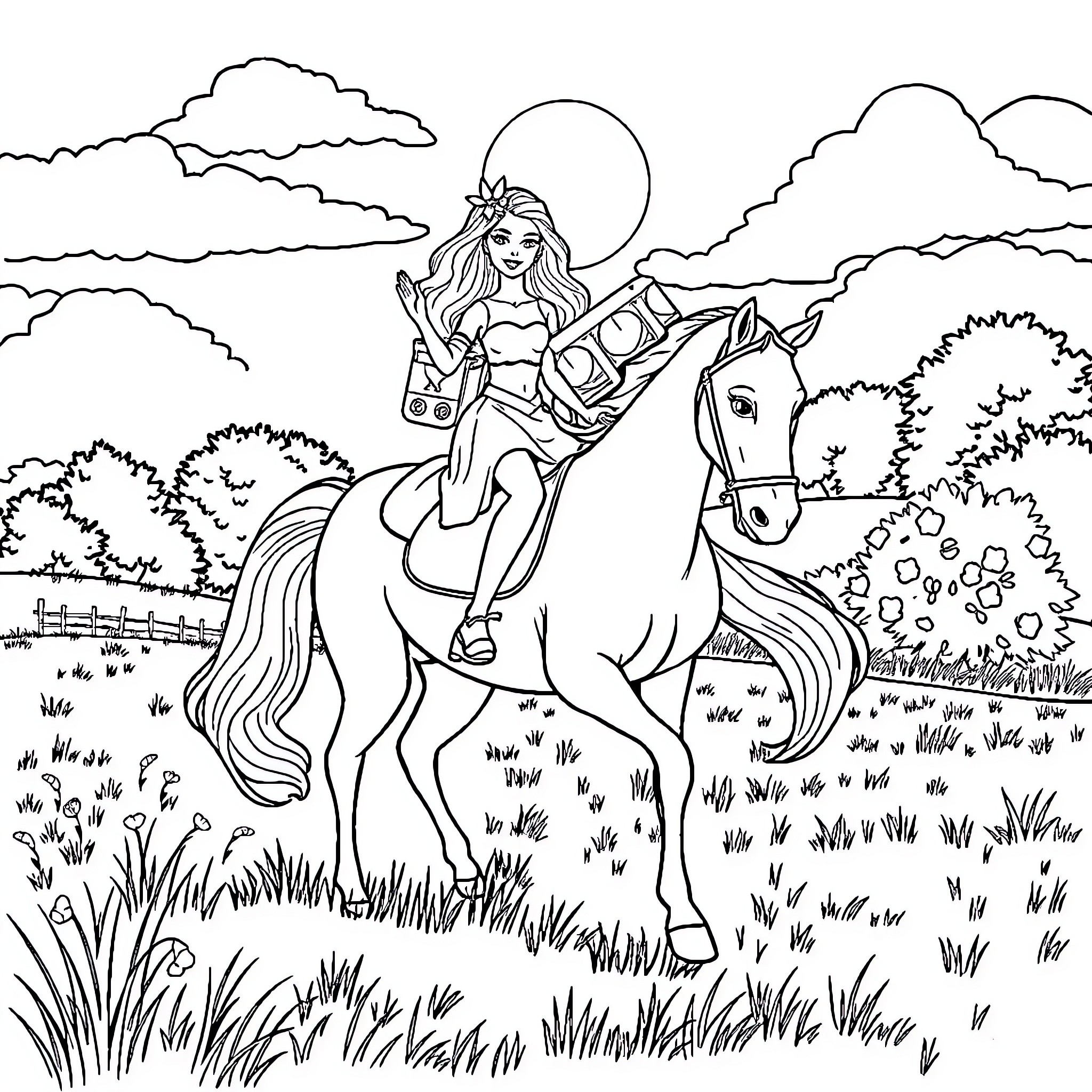 Barbie riding her horse through the countryside Coloring Page (free black-and-white line drawing printable PDF for all, from beginners to advanced learners, including children, teens, adults, and seniors)