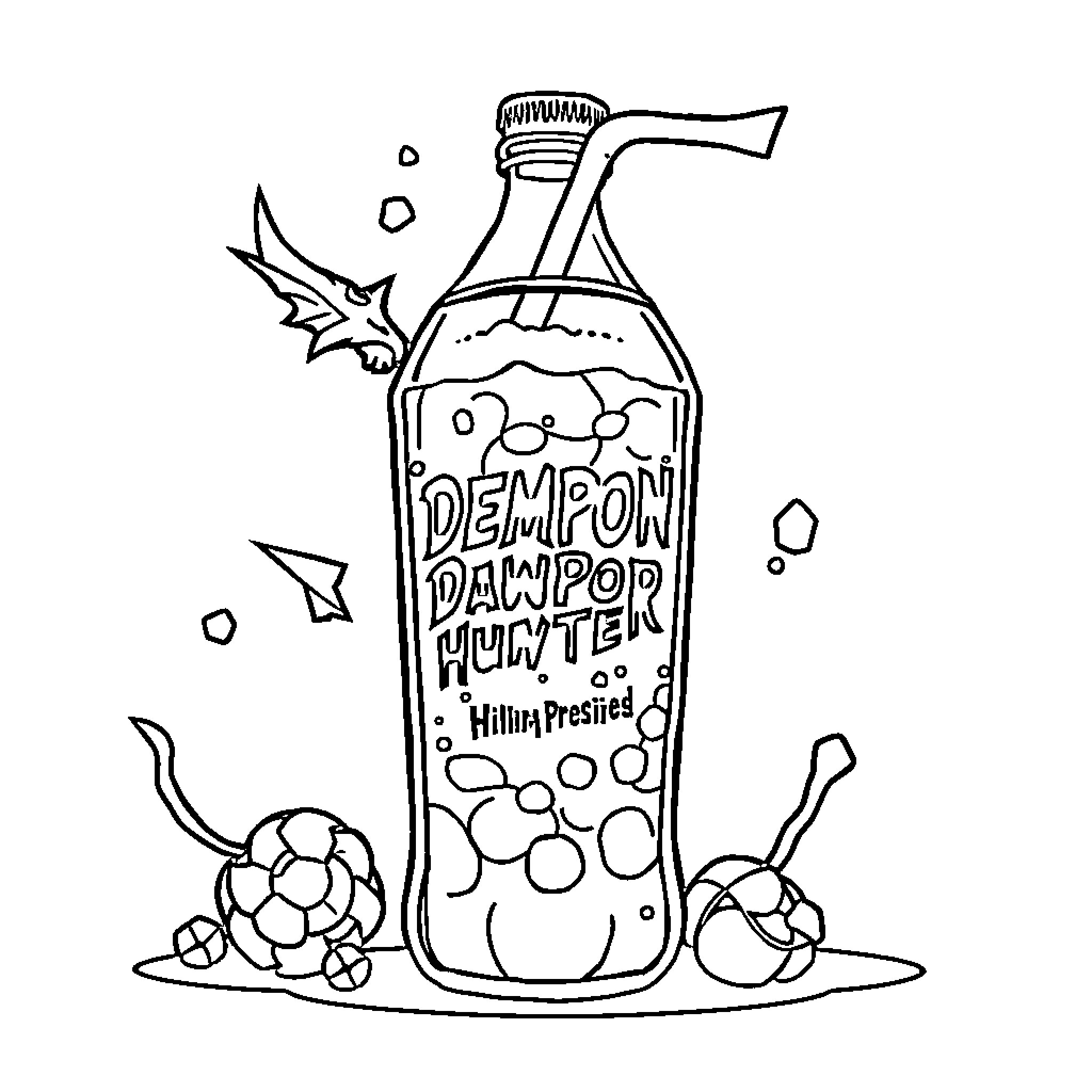 Soda bottle with playful bubbles and objects Coloring Page (free black-and-white line drawing printable PDF for all, from beginners to advanced learners, including children, teens, adults, and seniors)