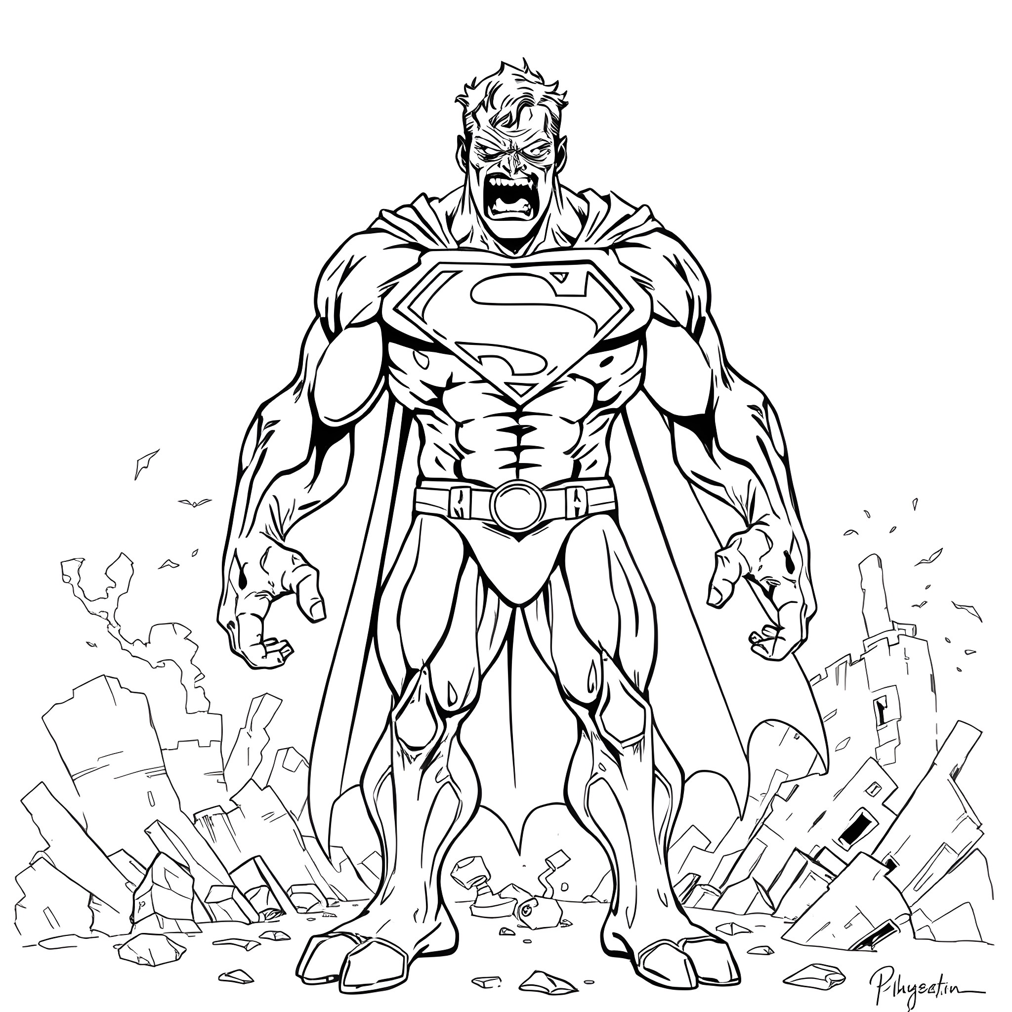 Bizzarro Superhero Saves the Ruined City Coloring Page (free black-and-white line drawing printable PDF for all, from beginners to advanced learners, including children, teens, adults, and seniors)