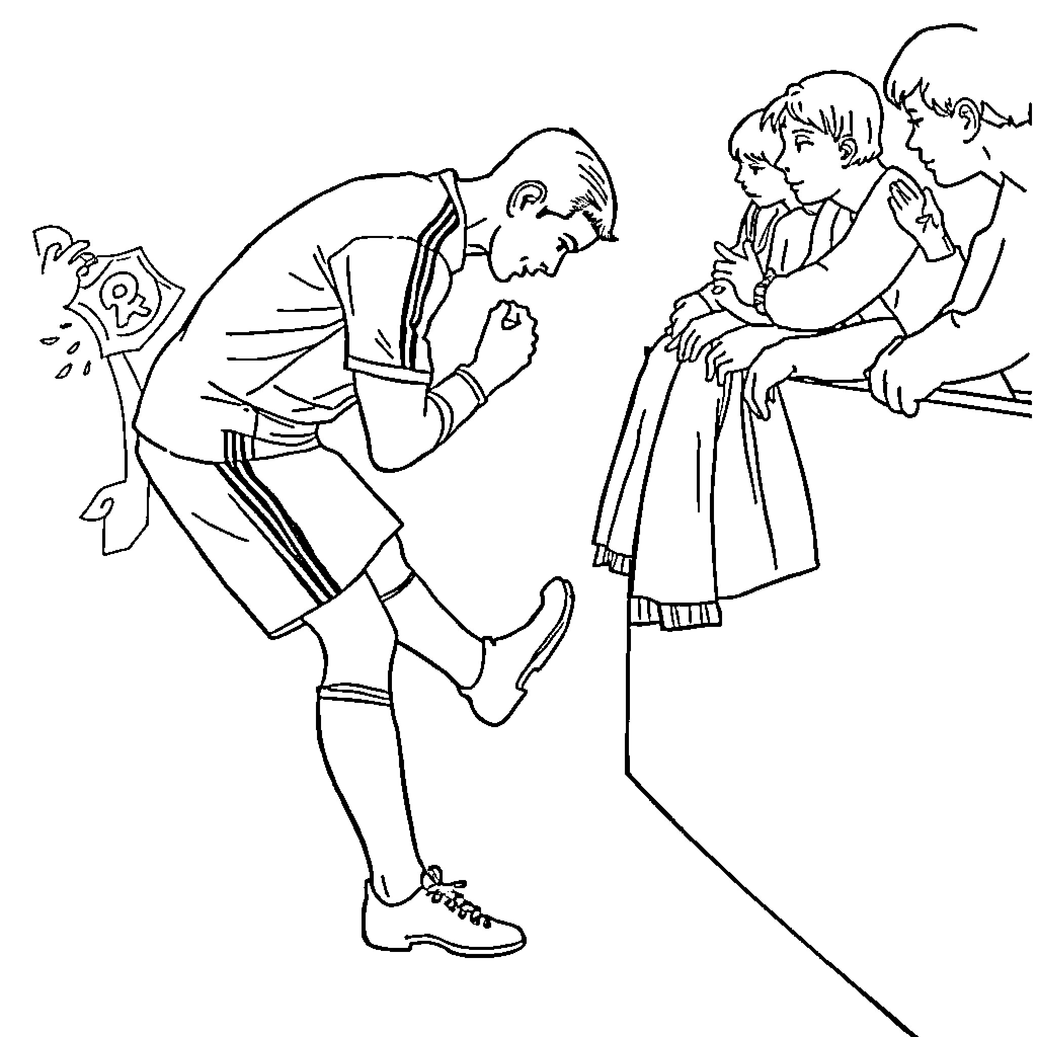Ronaldo cheerfully interacting with children Coloring Page (free black-and-white line drawing printable PDF for all, from beginners to advanced learners, including children, teens, adults, and seniors)