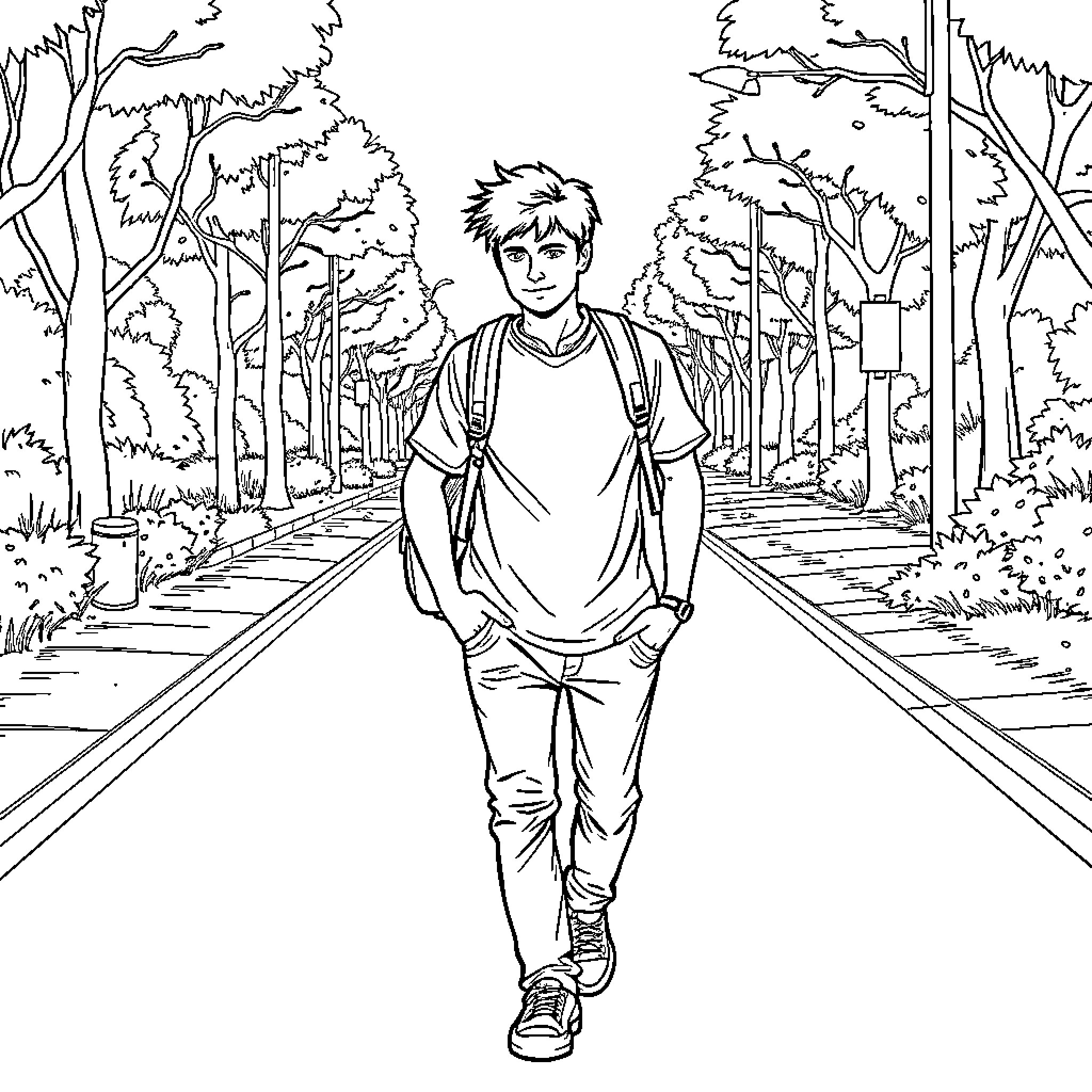 Boy walking alone on a forest path Coloring Page (free black-and-white line drawing printable PDF for all, from beginners to advanced learners, including children, teens, adults, and seniors)