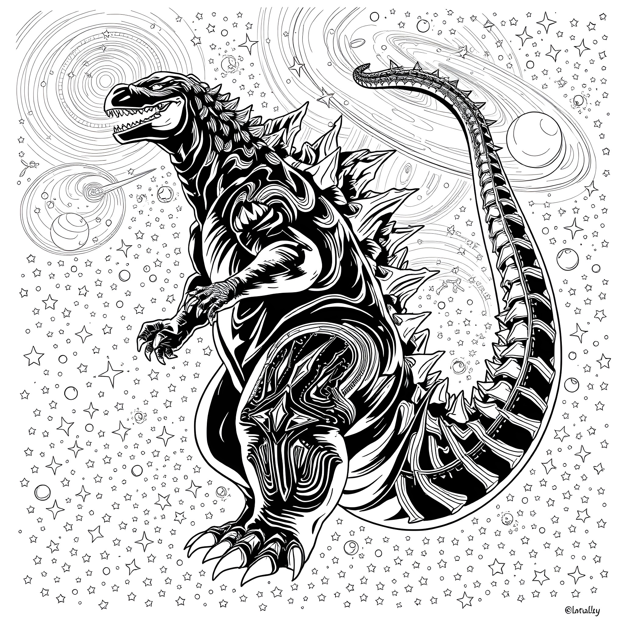 Godzilla Stomping Through the Cosmos Coloring Page (free black-and-white line drawing printable PDF for all, from beginners to advanced learners, including children, teens, adults, and seniors)
