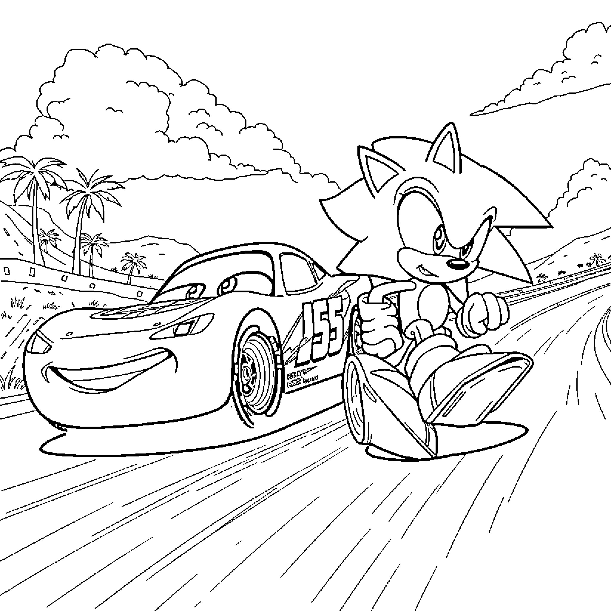 Lightning McQueen racing with Sonic the Hedgehog Coloring Page (free black-and-white line drawing printable PDF for all, from beginners to advanced learners, including children, teens, adults, and seniors)