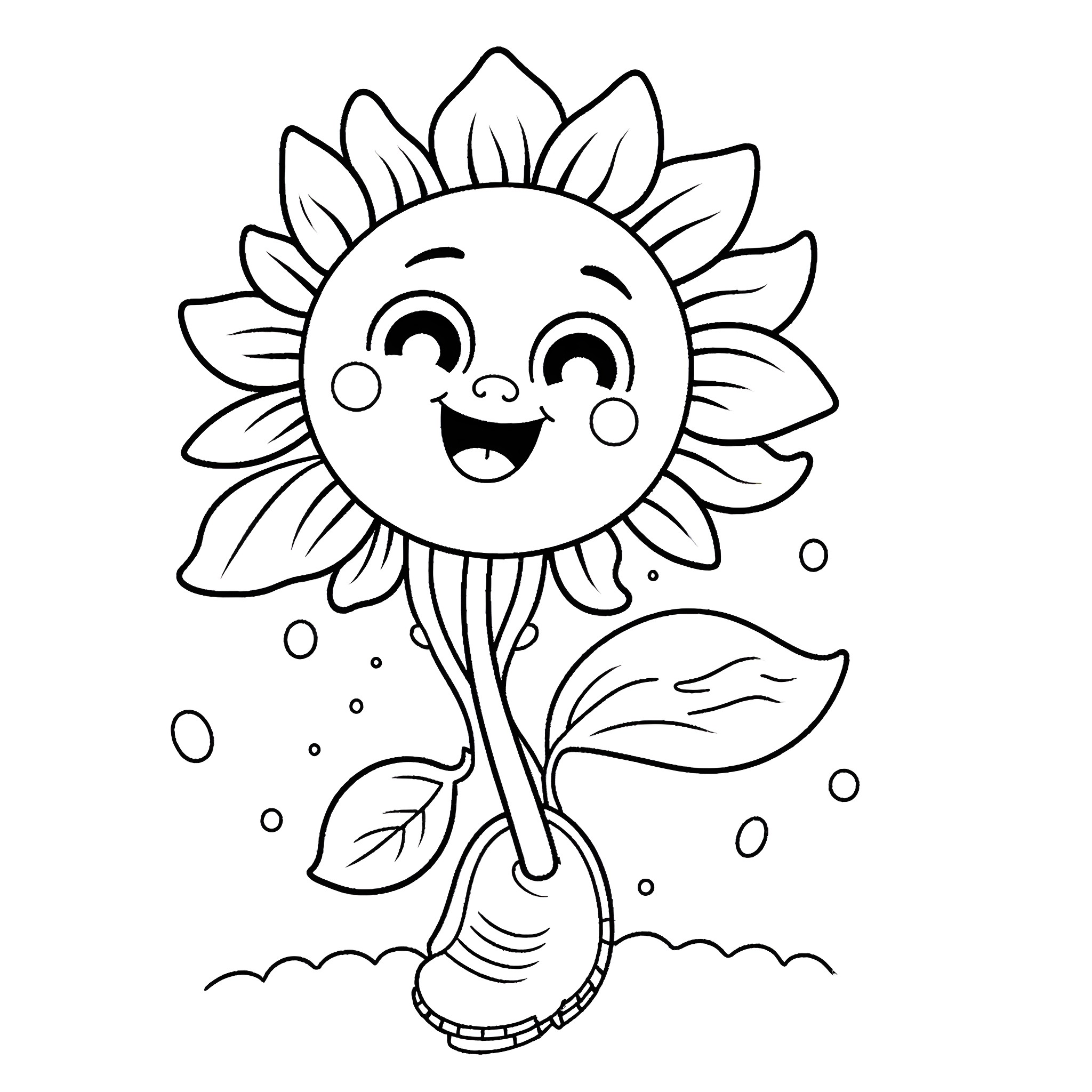 Sunflower dancing joyfully in the garden Coloring Page (free black-and-white line drawing printable PDF for all, from beginners to advanced learners, including children, teens, adults, and seniors)