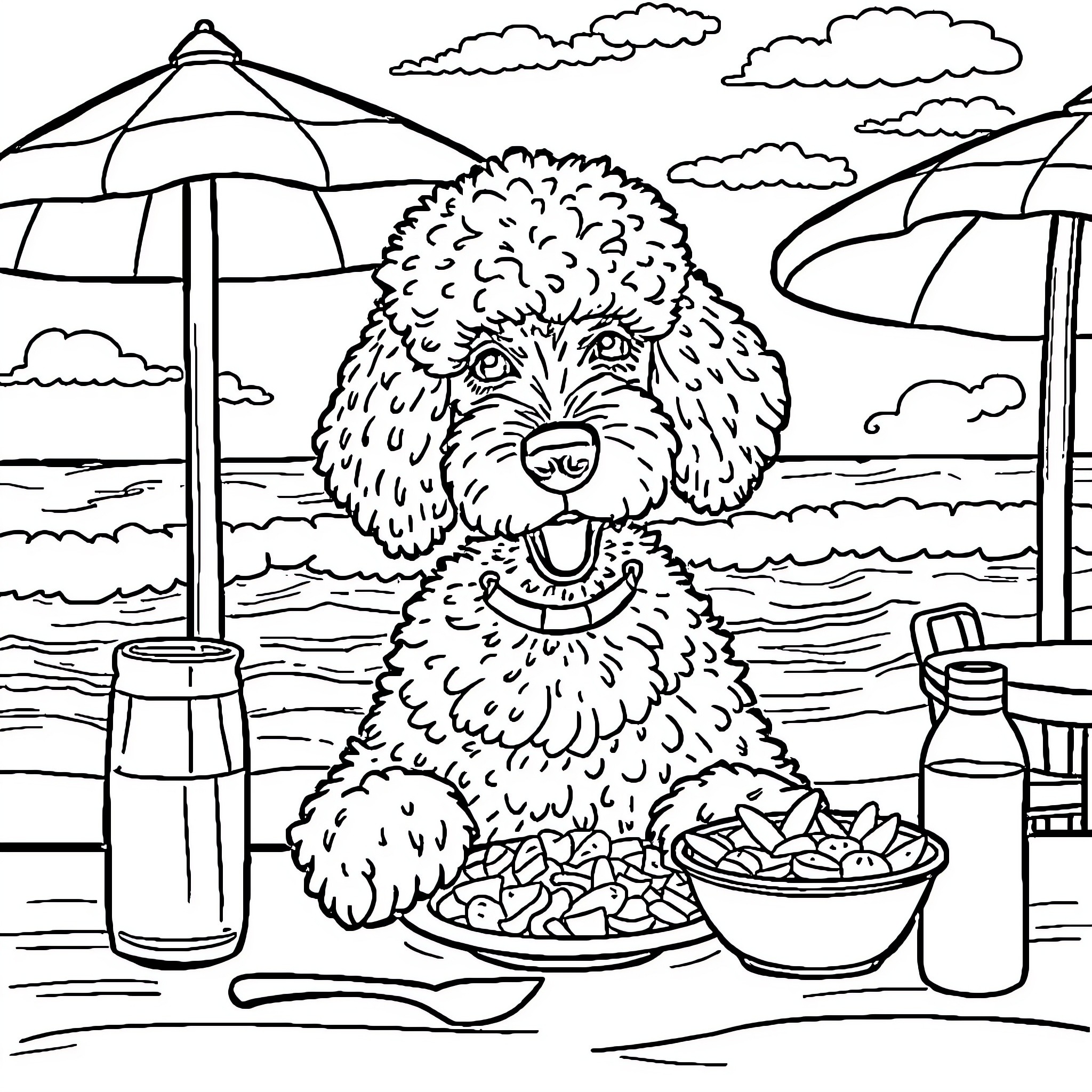 Poodle enjoying a beach day with snacks Coloring Page (free black-and-white line drawing printable PDF for all, from beginners to advanced learners, including children, teens, adults, and seniors)