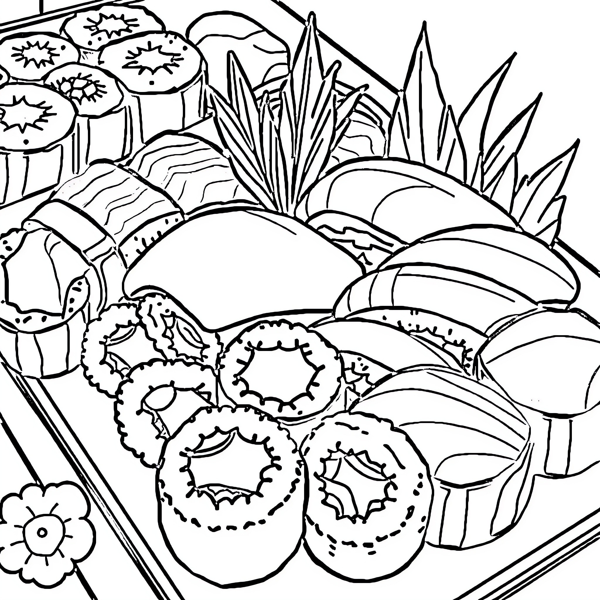 Sushi Delicacies Artfully Arranged Coloring Page (free black-and-white line drawing printable PDF for all, from beginners to advanced learners, including children, teens, adults, and seniors)