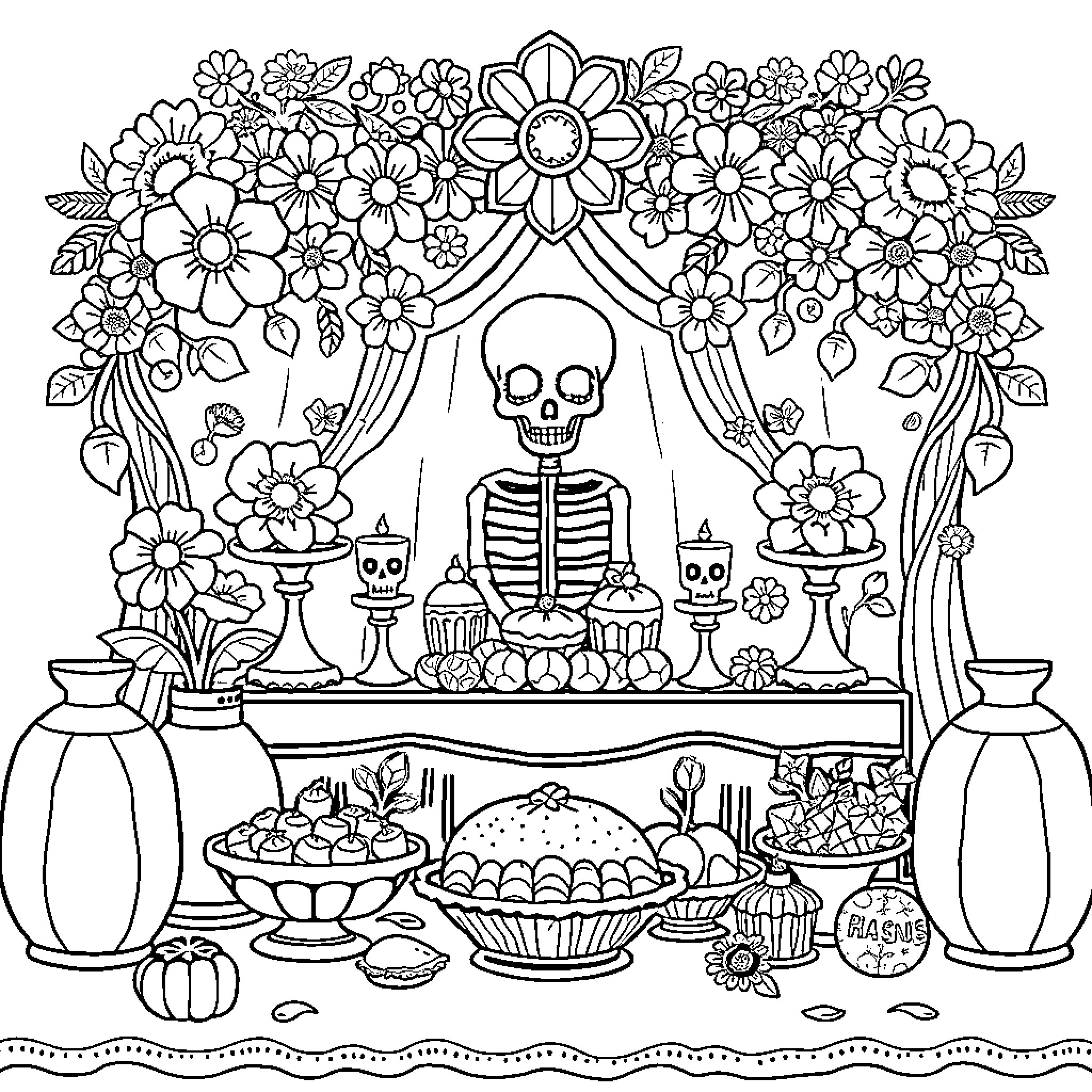 Dia de Muertos - Festive Skeleton Altar with Floral Arrangements Coloring Page (free black-and-white line drawing printable PDF for all, from beginners to advanced learners, including children, teens, adults, and seniors)