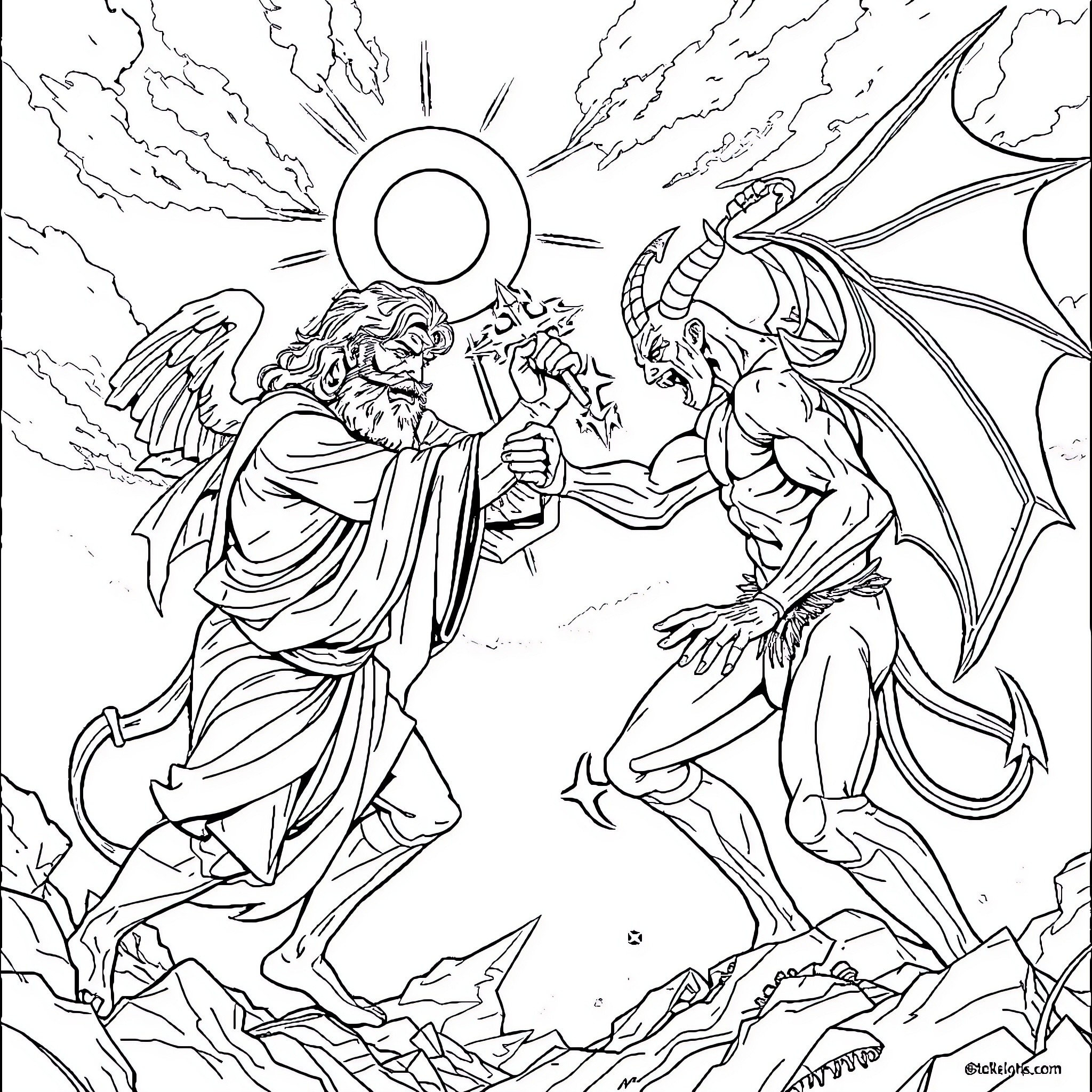 God's Celestial Confrontation with Demonic Forces Coloring Page (free black-and-white line drawing printable PDF for all, from beginners to advanced learners, including children, teens, adults, and seniors)