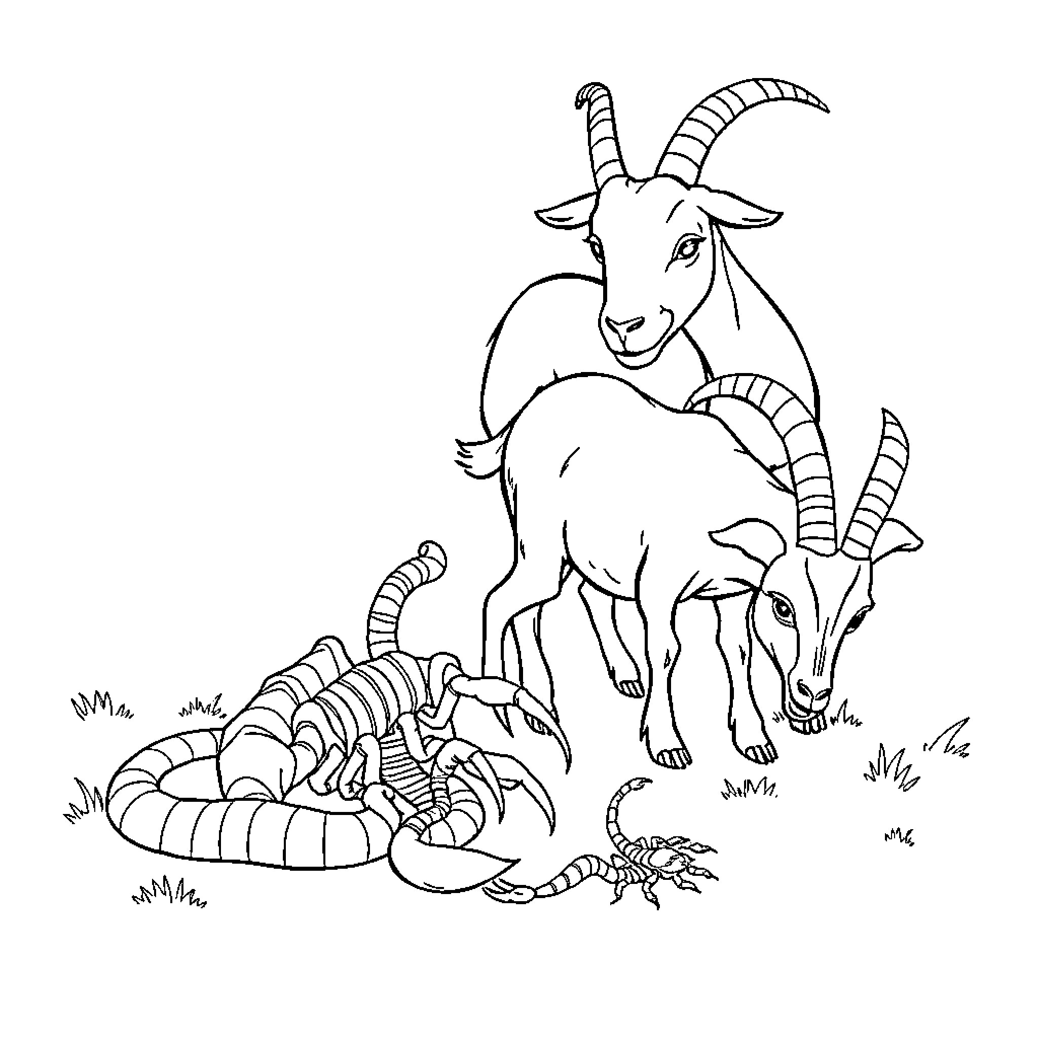 Family of Goats in Nature Coloring Page (free black-and-white line drawing printable PDF for all, from beginners to advanced learners, including children, teens, adults, and seniors)