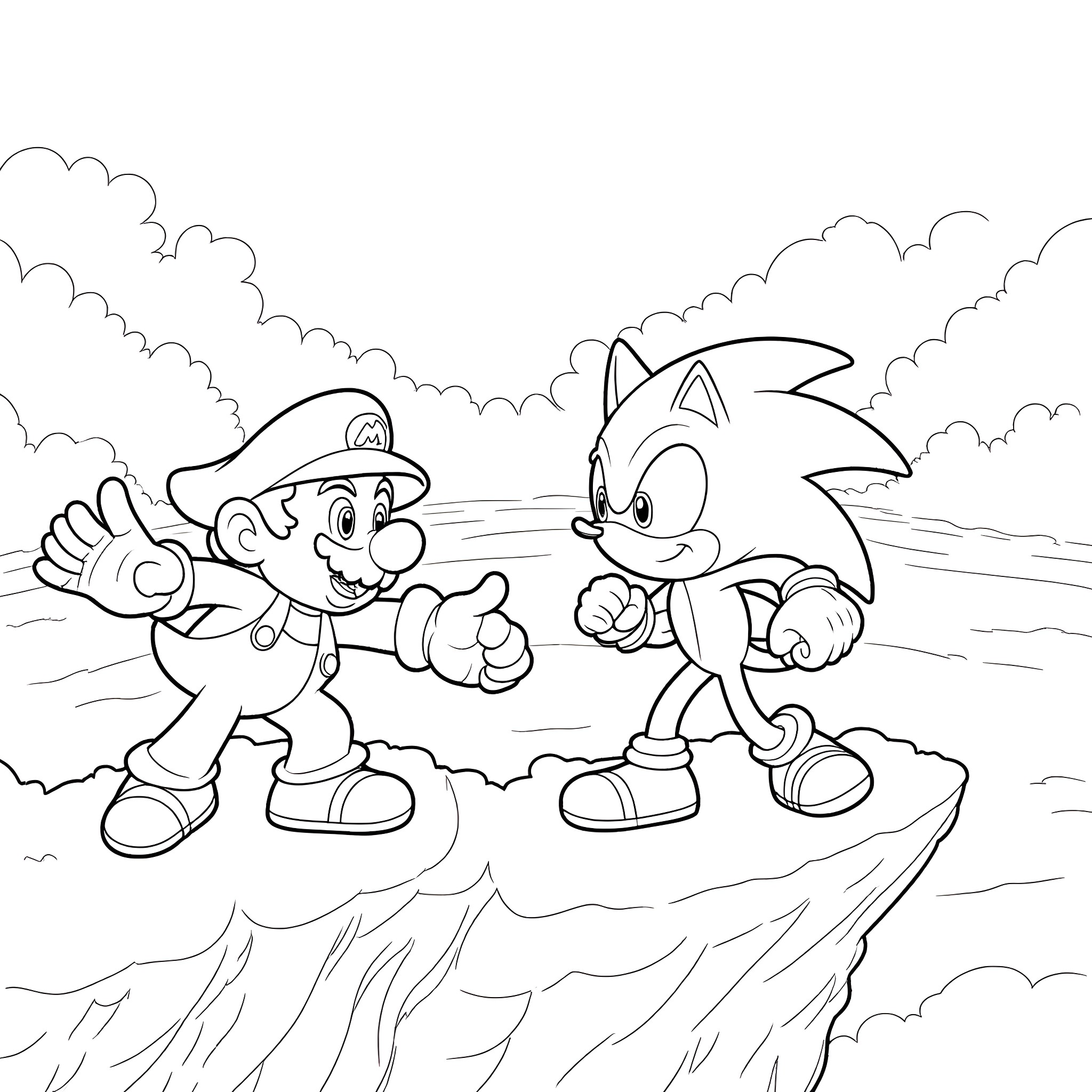 Mario and Sonic racing through the clouds Coloring Page (free black-and-white line drawing printable PDF for all, from beginners to advanced learners, including children, teens, adults, and seniors)