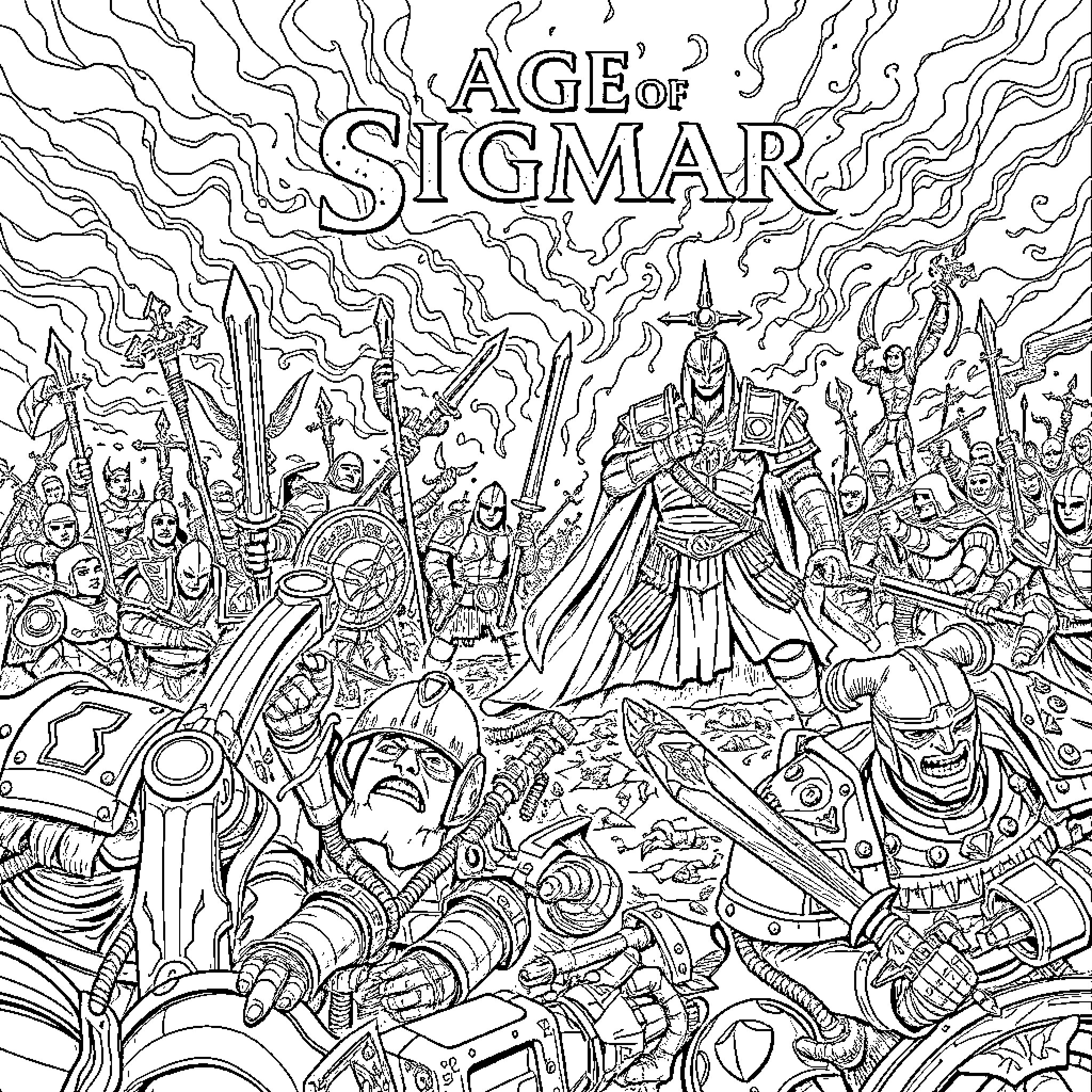 Age of Sigmar: Intricate Battle Scene with Armored Figures Coloring Page (free black-and-white line drawing printable PDF for all, from beginners to advanced learners, including children, teens, adults, and seniors)