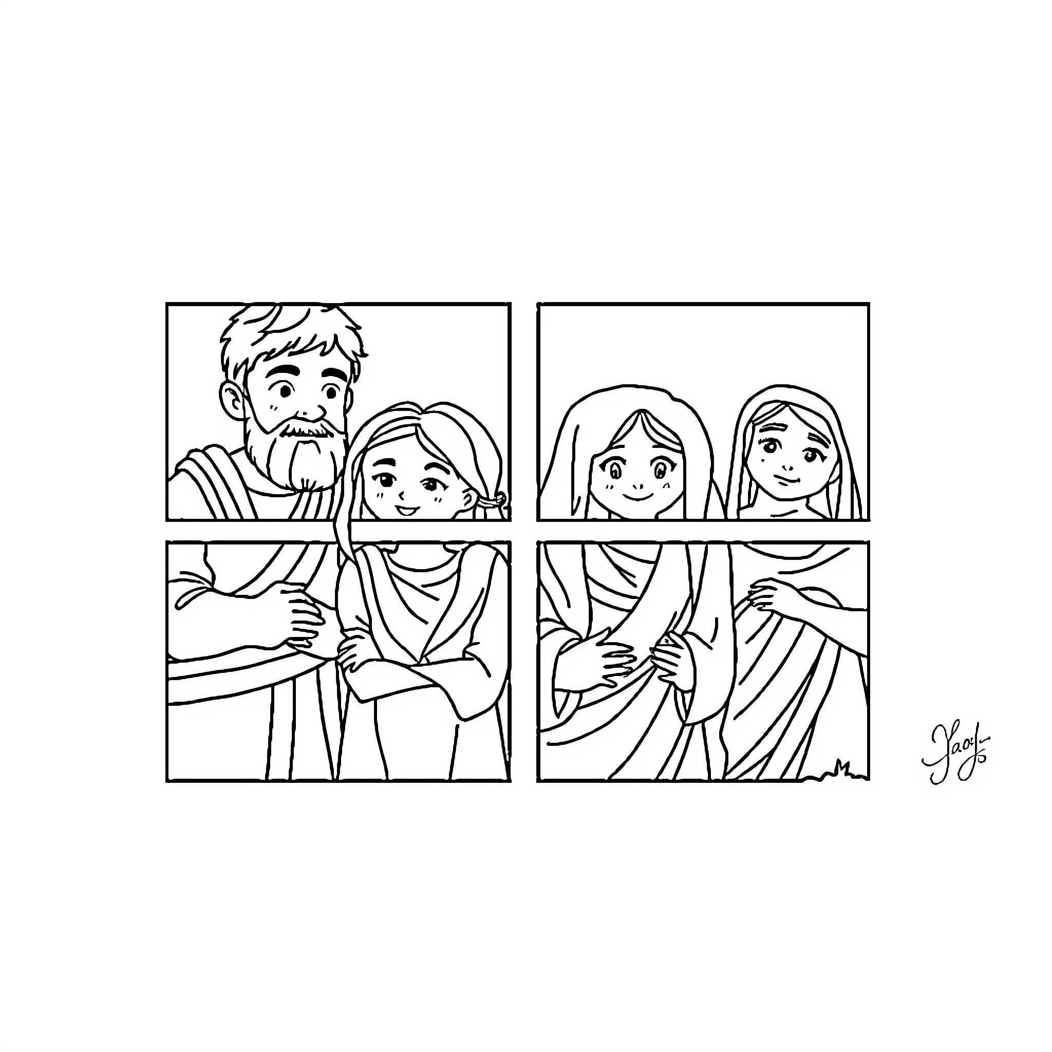 Jacob's family portrait in black and white Coloring Page (free black-and-white line drawing printable PDF for all, from beginners to advanced learners, including children, teens, adults, and seniors)